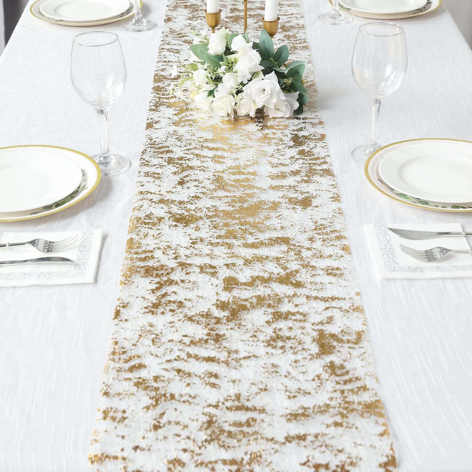 Mesh Polyester 108 Table Runner Roll Metallic Gold Distressed Foil Printing Design - Disposable Stylish Party Table Decor