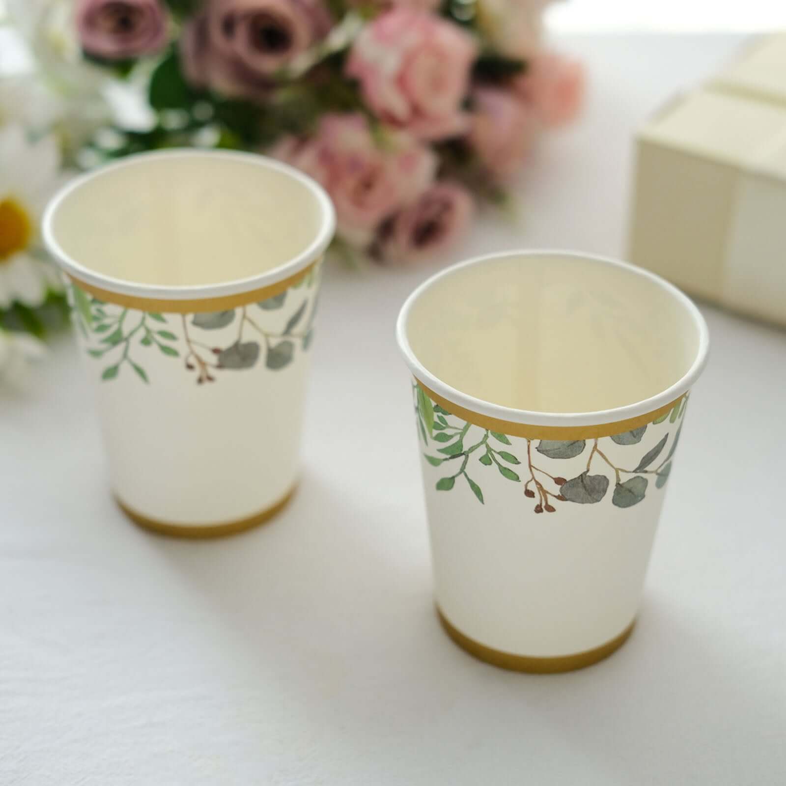 24 Pack 9oz White Tropical Greenery Gold Trim Party Paper Cups, Eucalyptus Disposable Cups With Gold Rim - 250 GSM