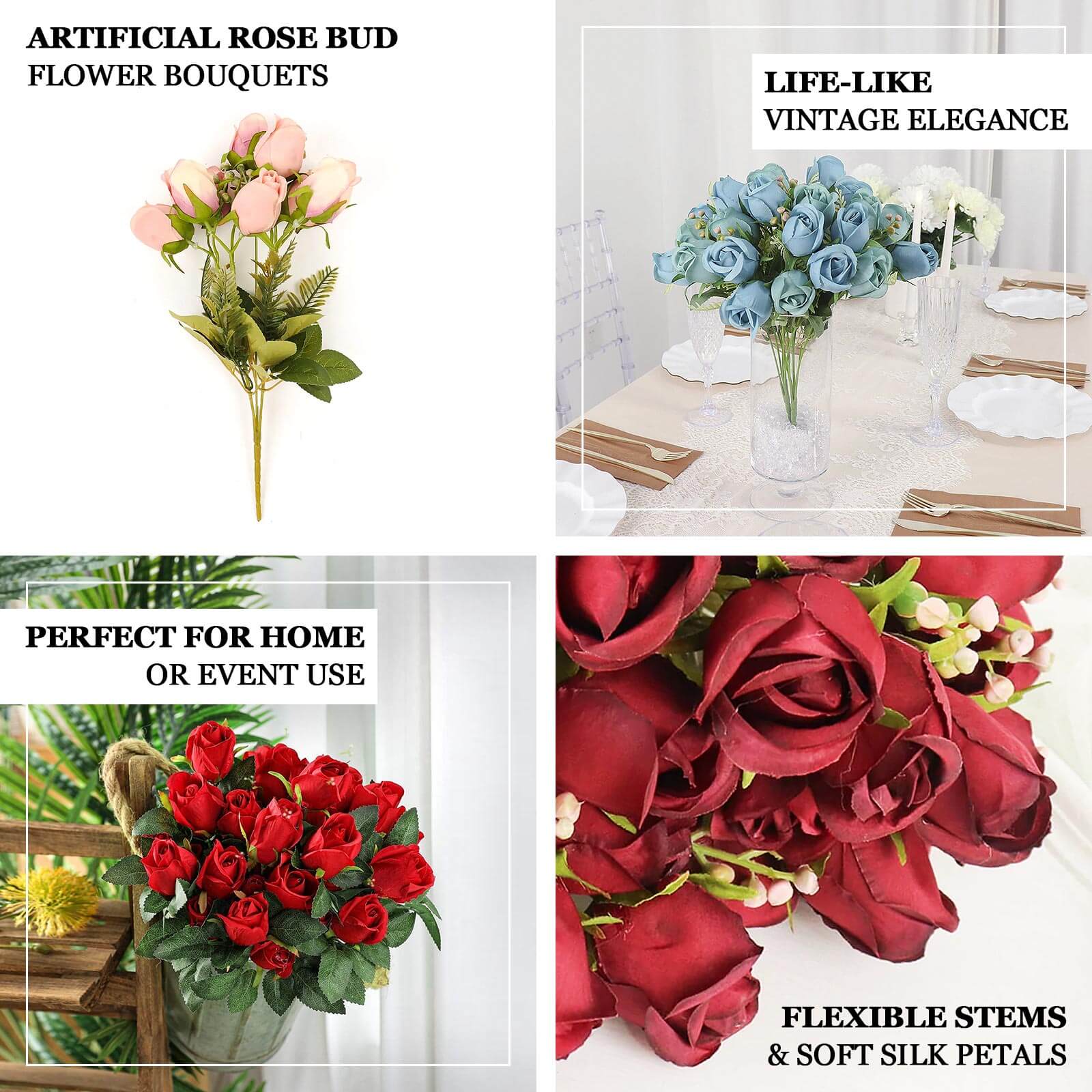 3 Pack 13 Burgundy Real Touch Silk Rose Bud Flower Bridal Bouquets, Artificial Floral Bush Arrangements