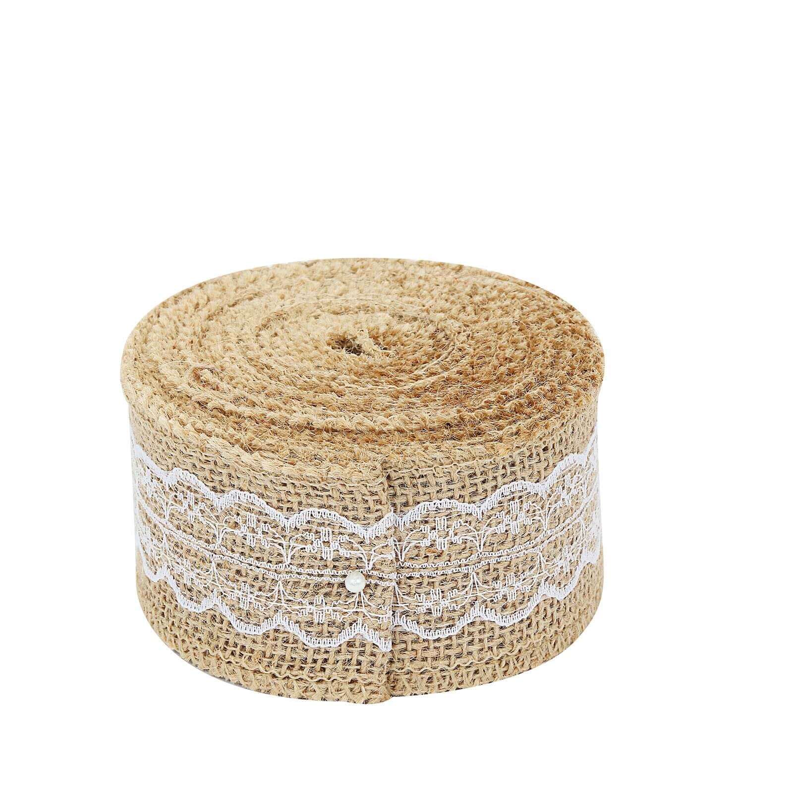 2 x 16FT Natural Jute Burlap Ribbon With Wavy Lace