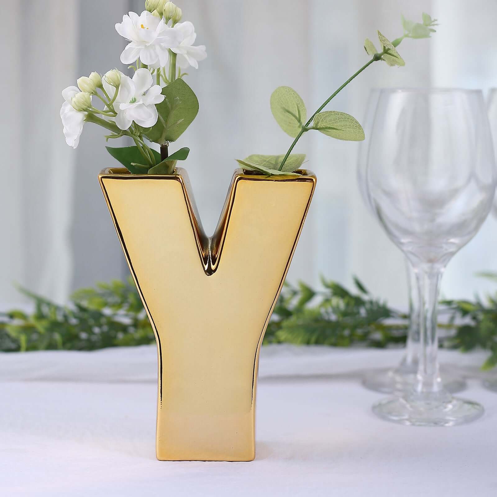 Shiny Ceramic Vase Letter Y Gold Plated - Chic Bud Planter Pot for Events & Decor 6