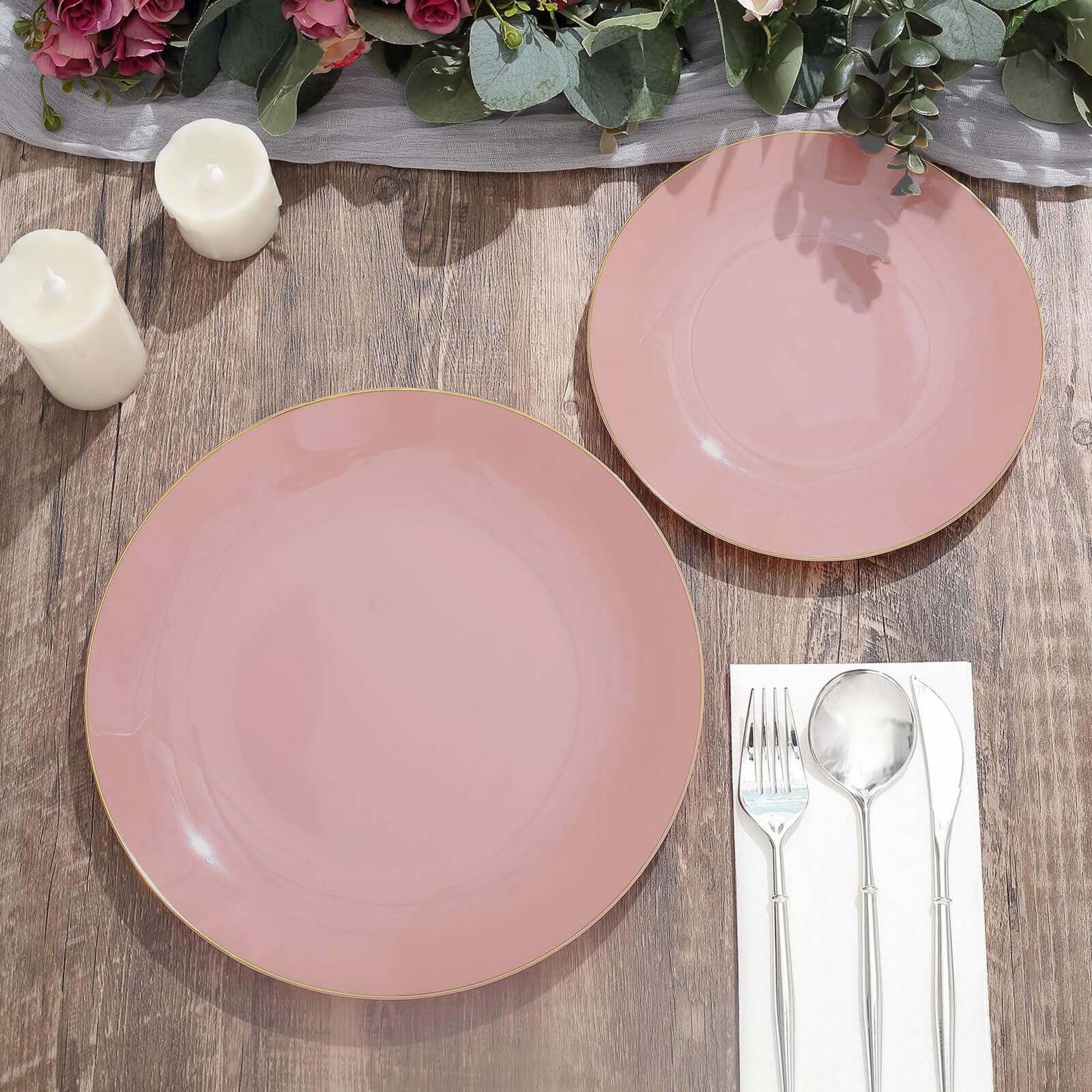 10-Pack Plastic 8 Round Dessert Plates in Dusty Rose with Gold Rim - Glossy Disposable Appetizer Salad Plates