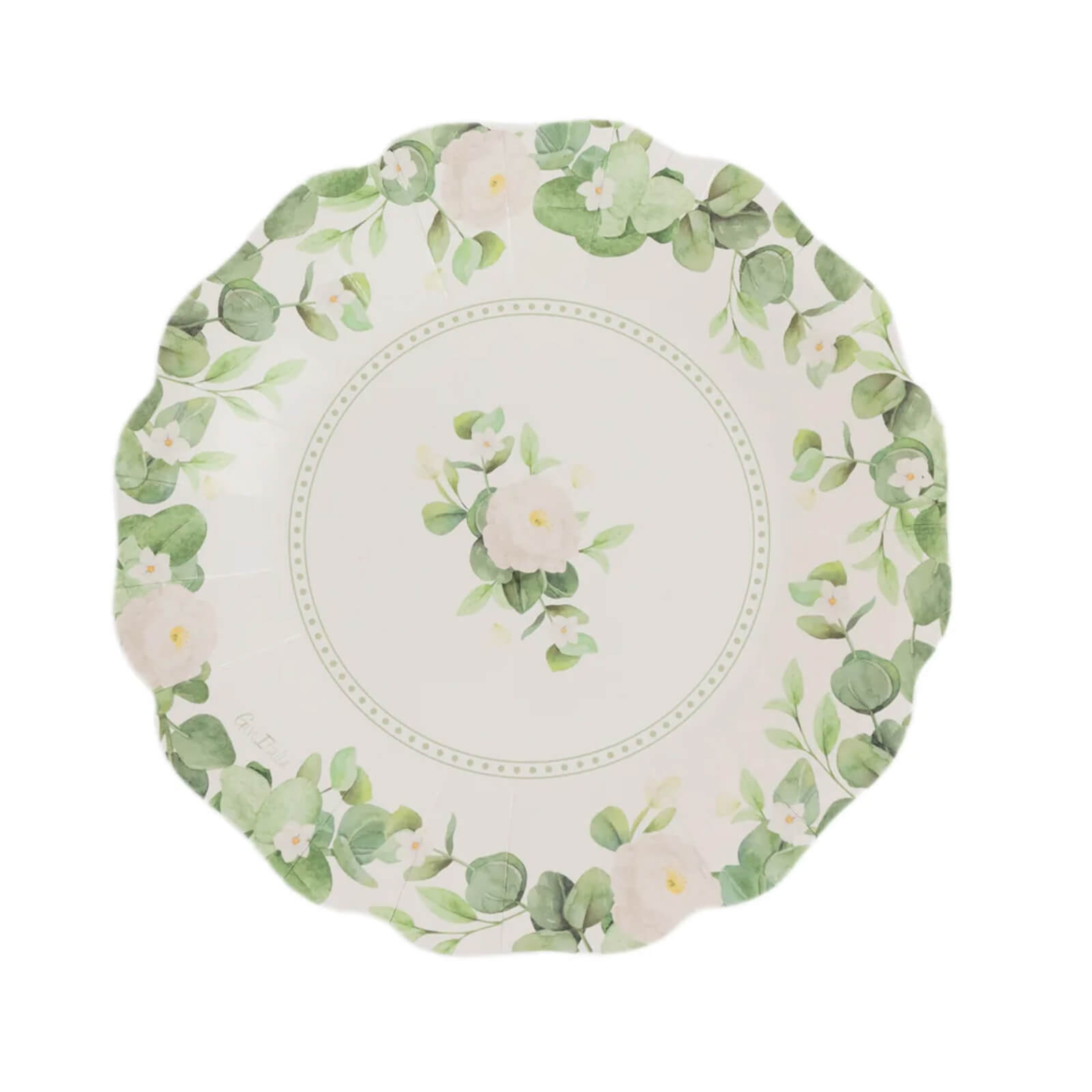 25-Pack Paper 8 Round Dessert Plates in White with Floral Greenery & Scalloped Edges - Disposable Appetizer Salad Plates for Rustic Weddings & Garden Brunches