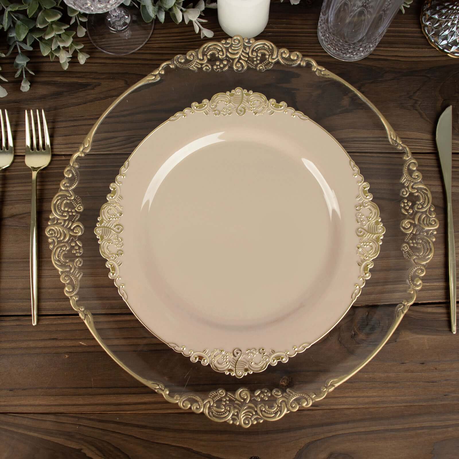 10-Pack Plastic 10 Round Dinner Plates in Taupe with Gold Leaf Embossed Rim - Disposable Vintage Baroque Style Plates