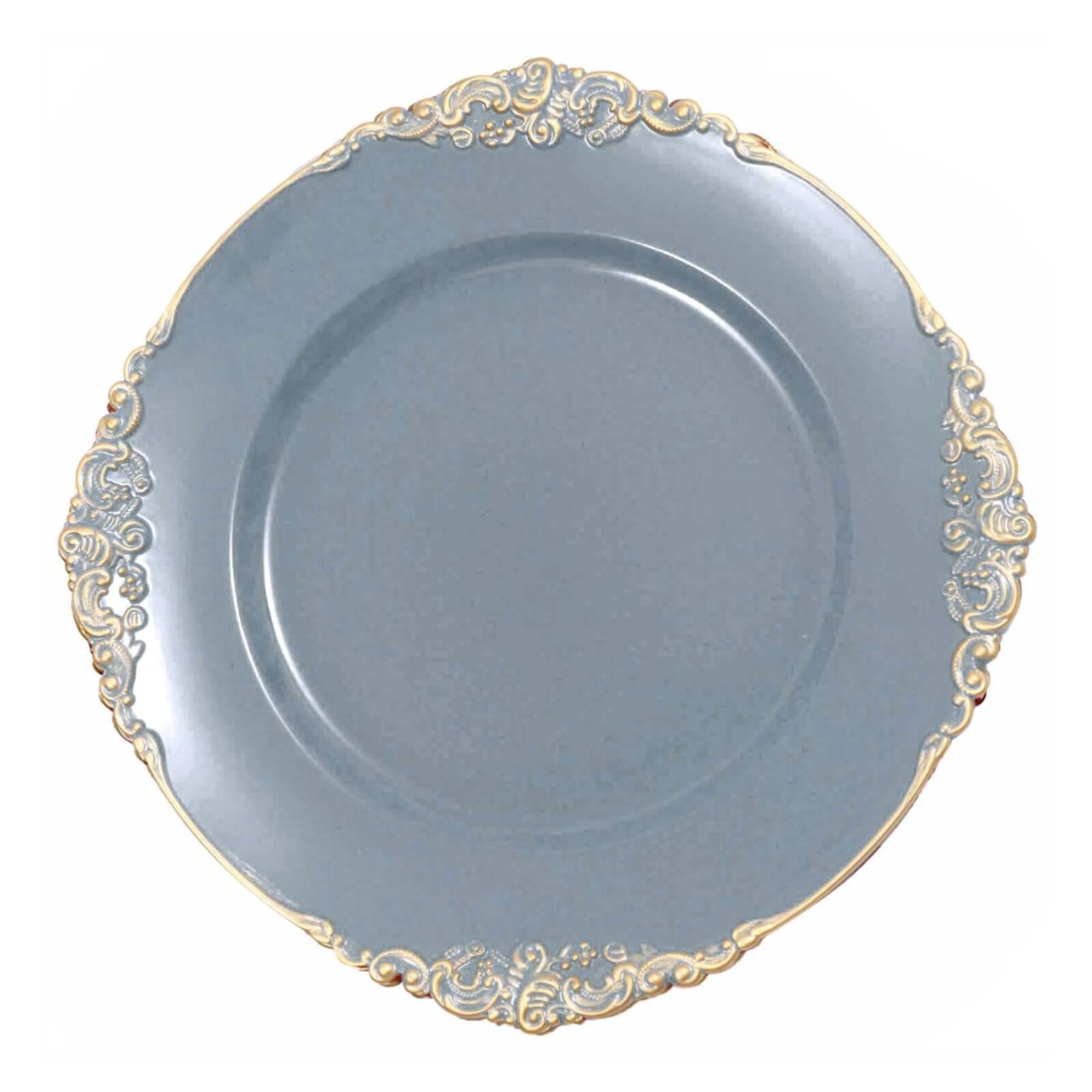 6-Pack Acrylic Round Charger Plates 13 in Dusty Blue with Gold Embossed Baroque Rim, Antique Decorative Dinner Party Charger Tableware