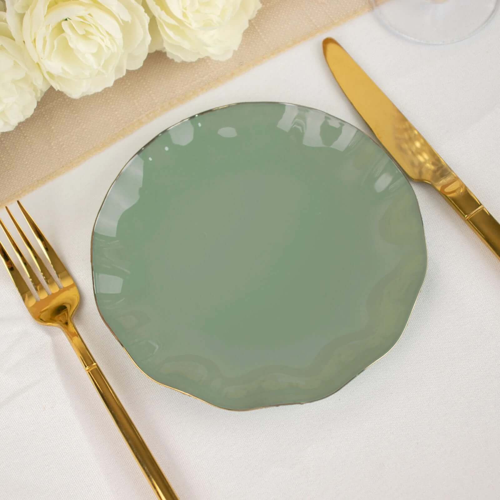 10-Pack Plastic Round 6 Dessert Plates in Dusty Sage Green Ruffled Rim with Gold Edging - Sturdy Disposable Salad Appetizer Dinnerware
