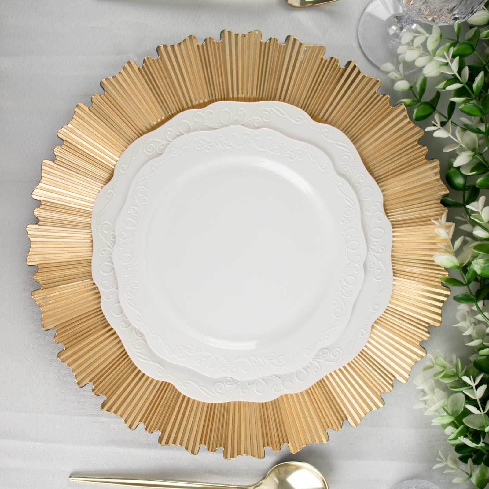 6-Pack Acrylic Plastic Round Charger Plates 13 in Metallic Gold with Sunray Scalloped Rim, Decorative Dinner Party Charger Tableware