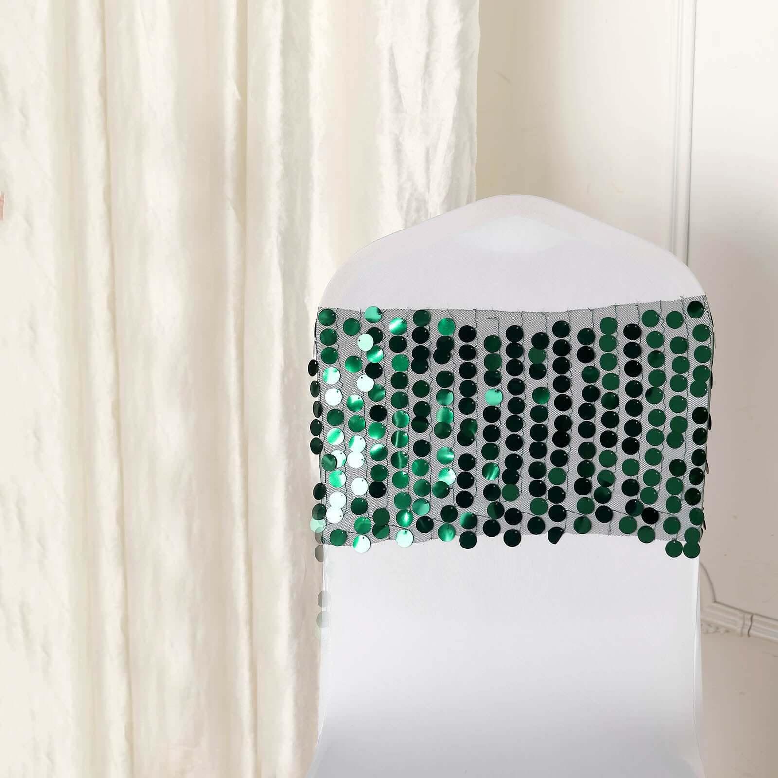 5 Pack Big Payette Sequin 13x10 Chair Sash Bands Hunter Emerald Green - Stylish Glittering Decor for Weddings & Gatherings