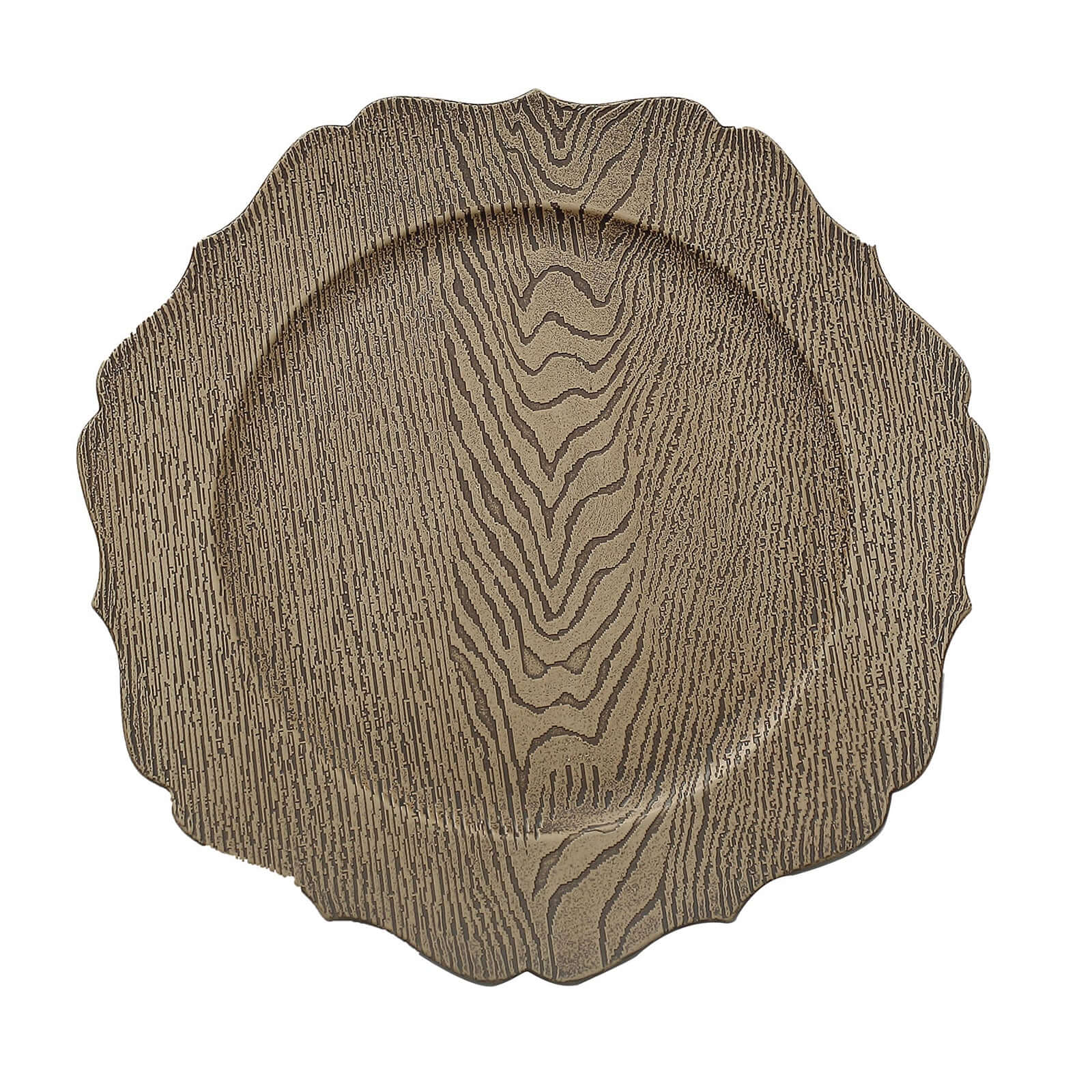 6-Pack Acrylic Round Charger Plates 13 in Rustic Natural with Wood Grain Scalloped Rim, Decorative Dinner Party Charger Tableware