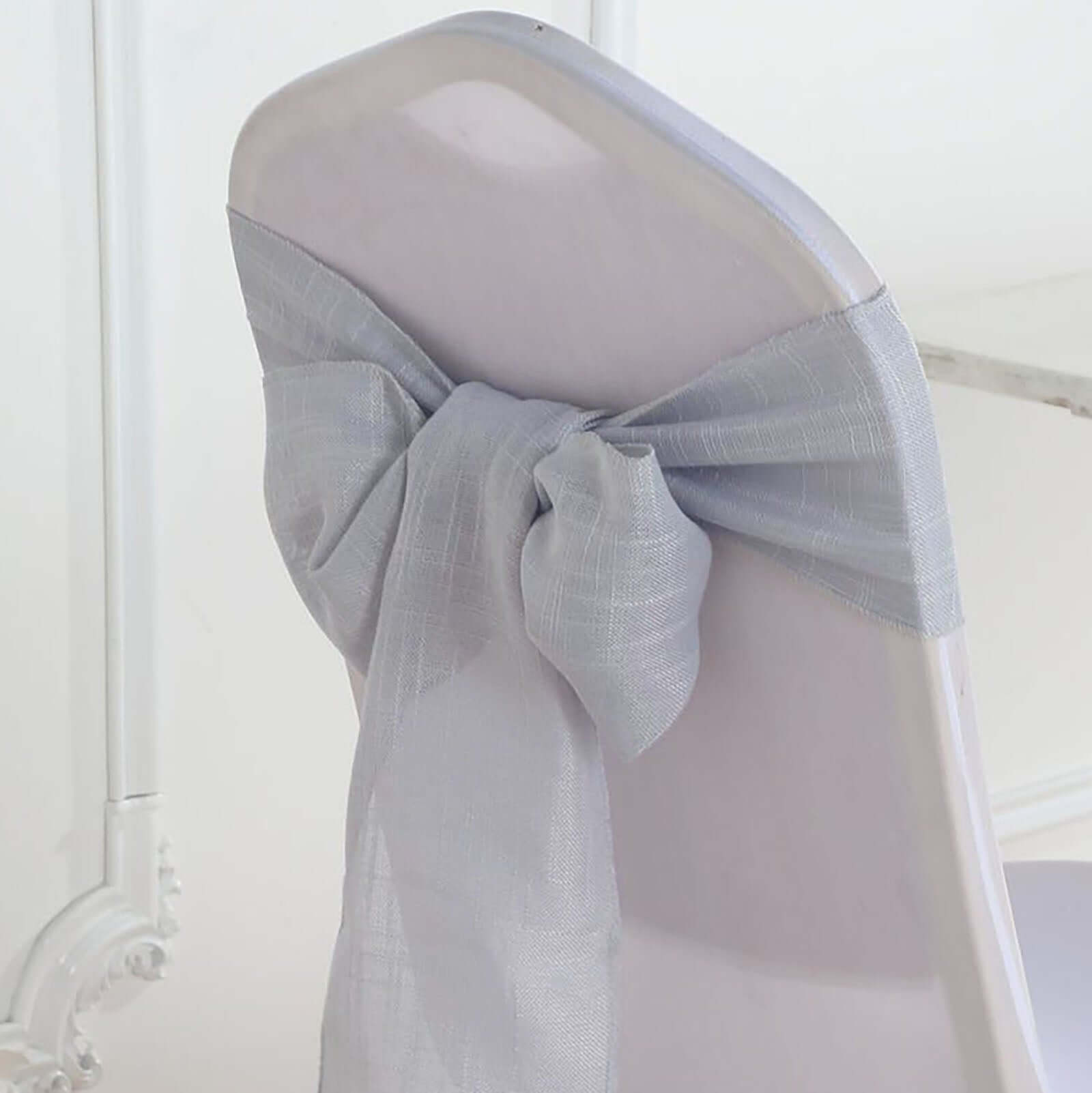 5 Pack Linen Chair Sashes 6x108 Slubby Textured Silver - Durable Wrinkle-Resistant Decor for Weddings & Gatherings