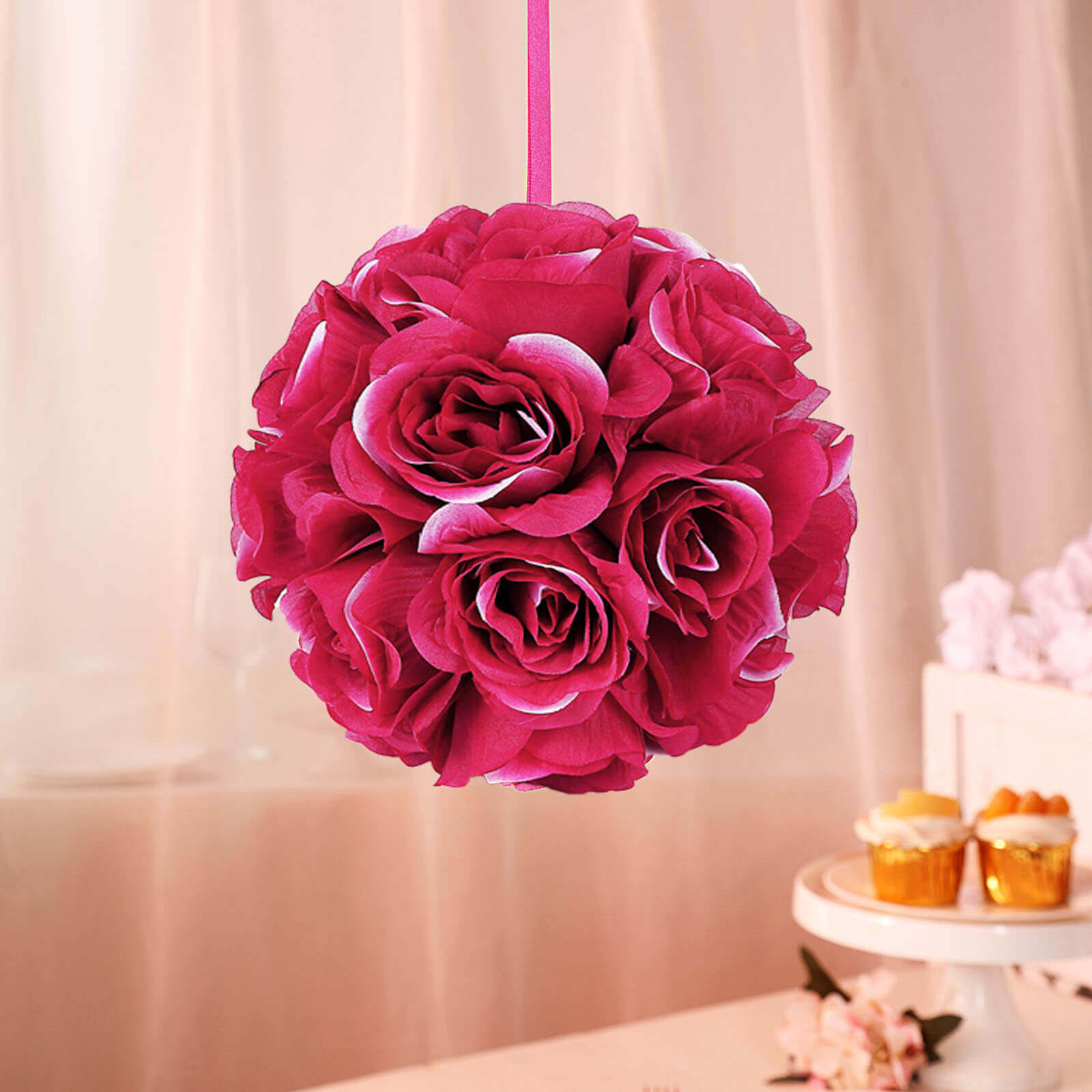 2 Pack 7 Fuchsia Artificial Silk Rose Kissing Ball, Flower Ball