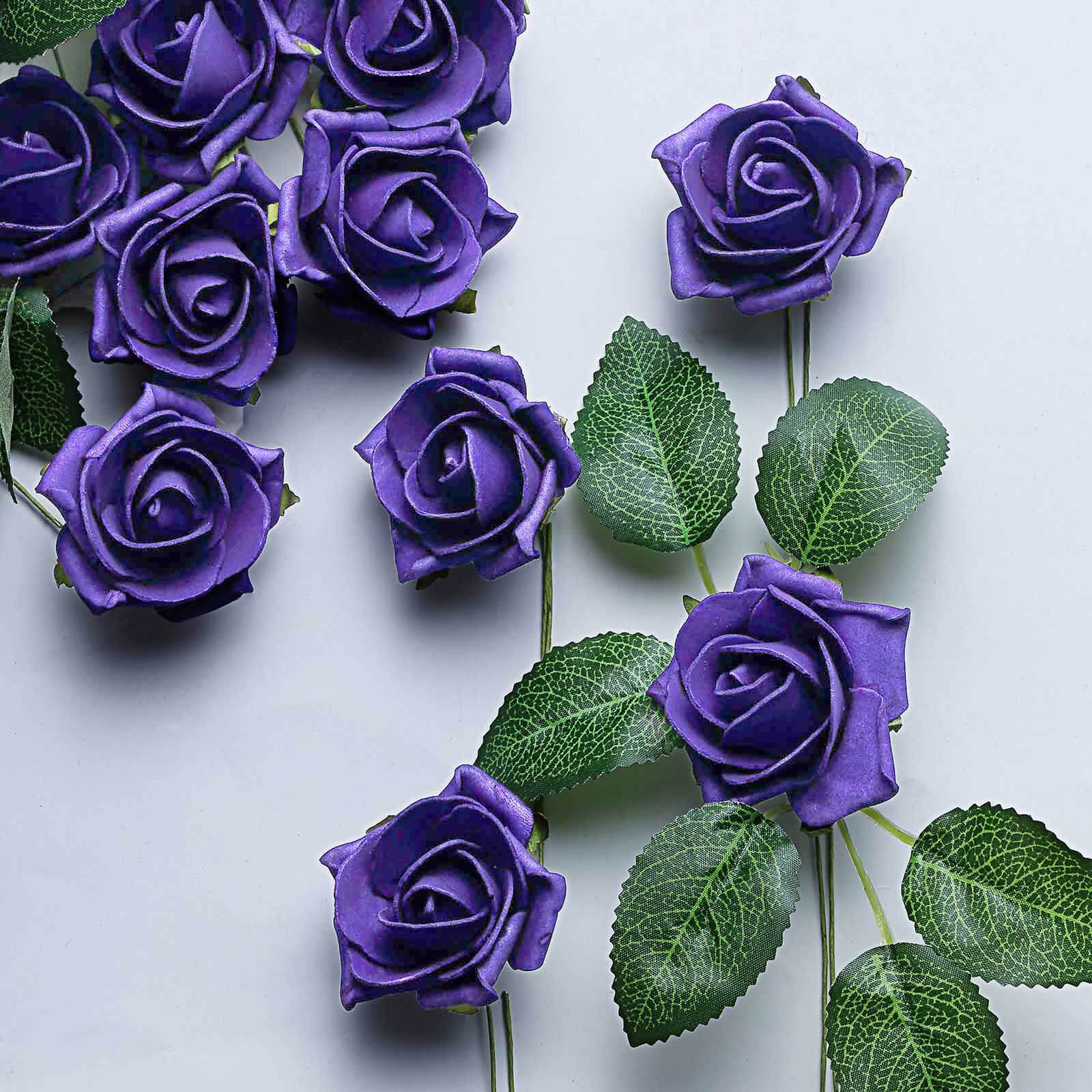 24 Roses 2 Purple Artificial Foam Flowers With Stem Wire and Leaves