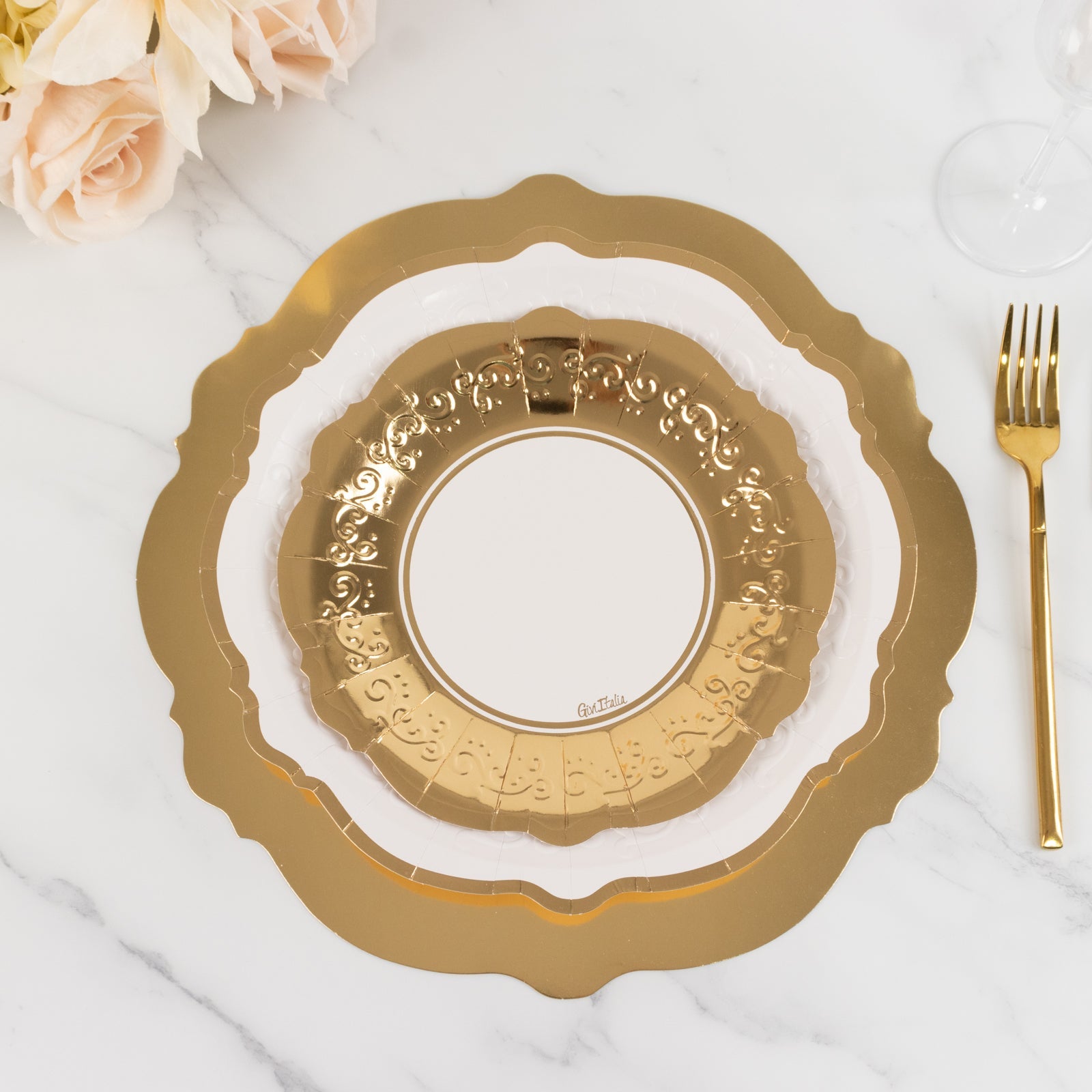 75 Pcs Paper Charger Plates with Gold Embossed Scalloped Rim White - Heavy Duty Disposable Dinner and Salad Plates 8,10,13