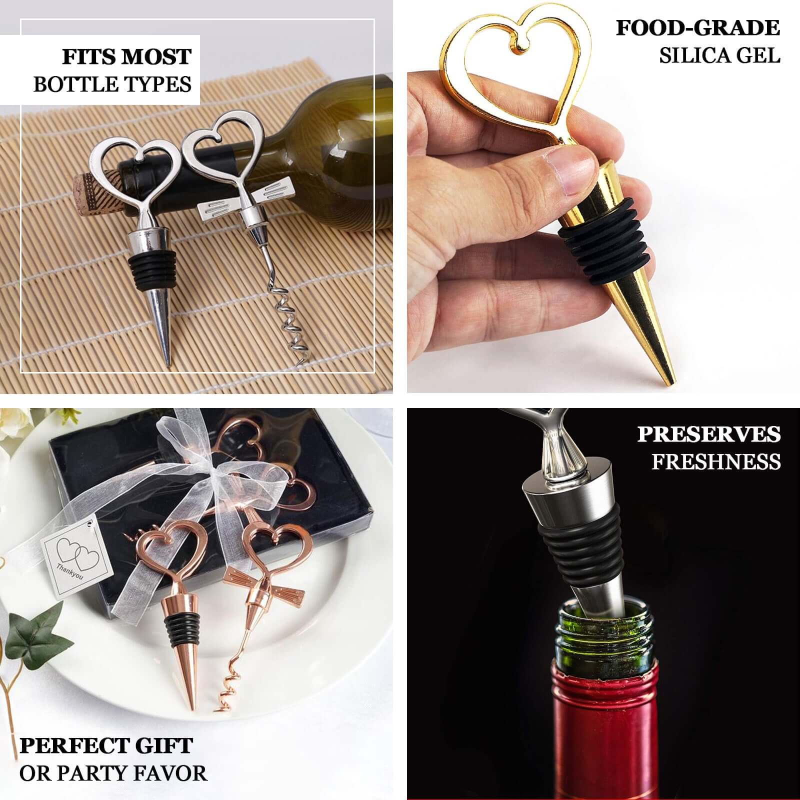 Silver Metal Heart Wine Bottle Opener Cork Stopper Party Favors Souvenir Gift Set, Wedding Favor in Velvet Box - 4.5,5