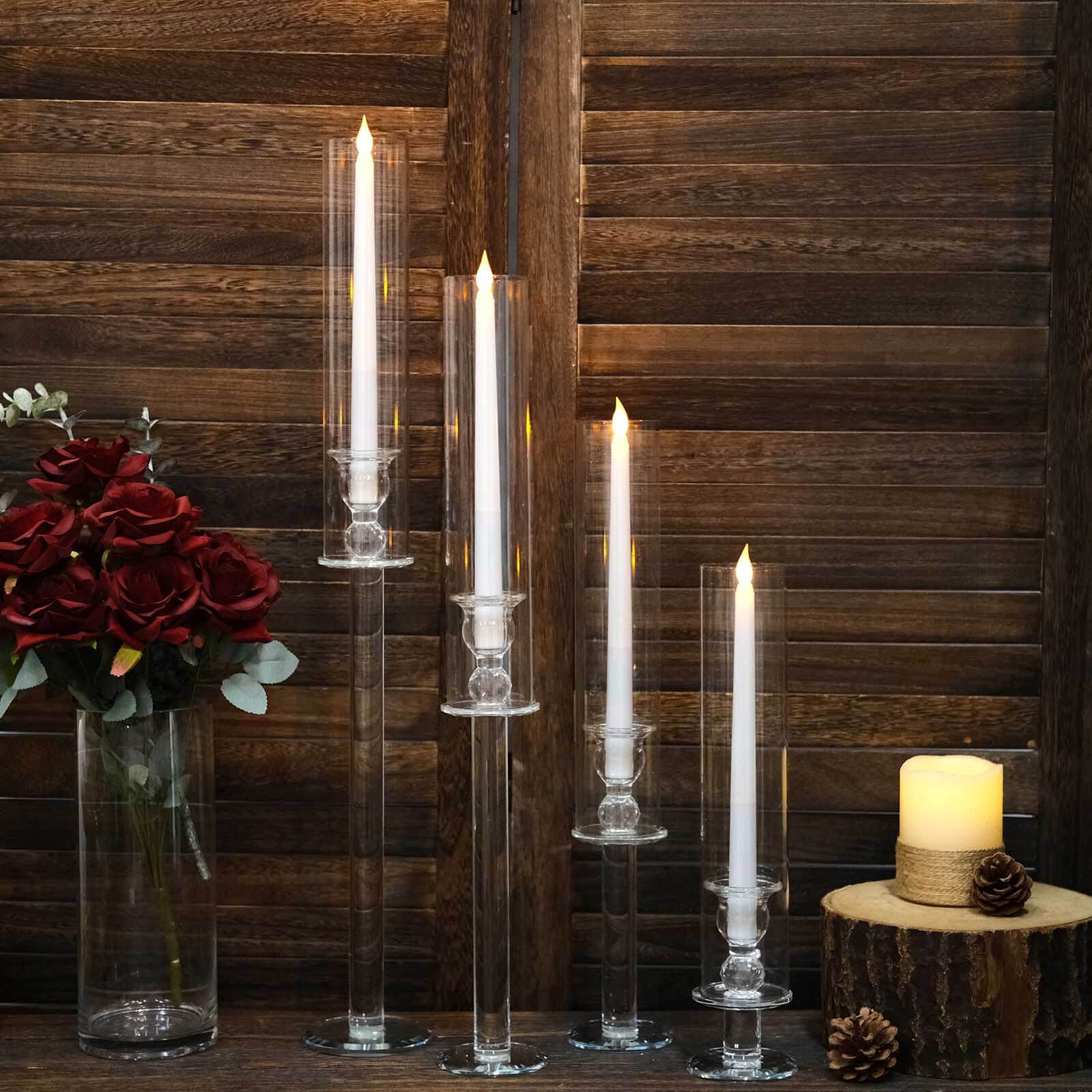 Set of 4 Crystal Glass Hurricane Taper Candle Holders, Decorative Tall Candle Stands Clear Cylinder Chimney Tubes 14, 18, 22, 26