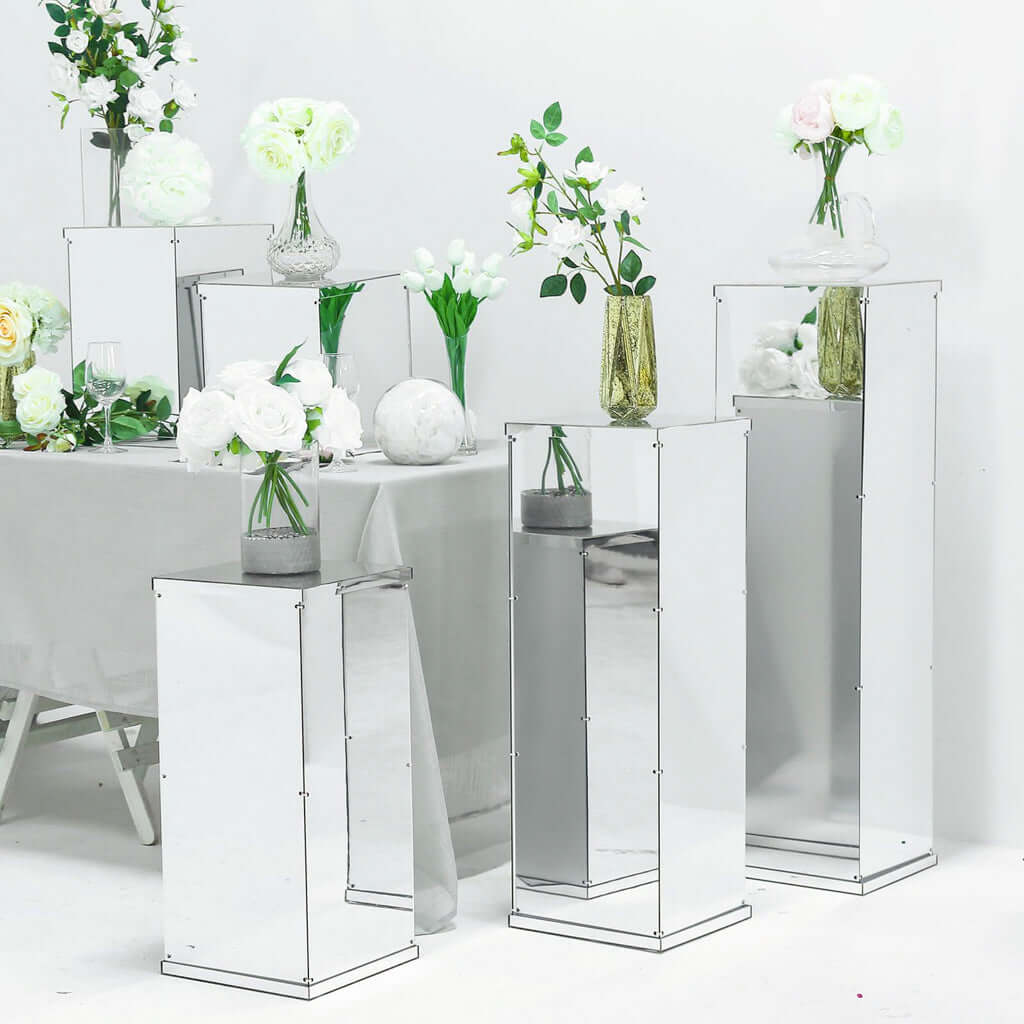 32 Silver Mirror Finish Acrylic Display Box, Pedestal Riser with Interchangeable Lid and Base