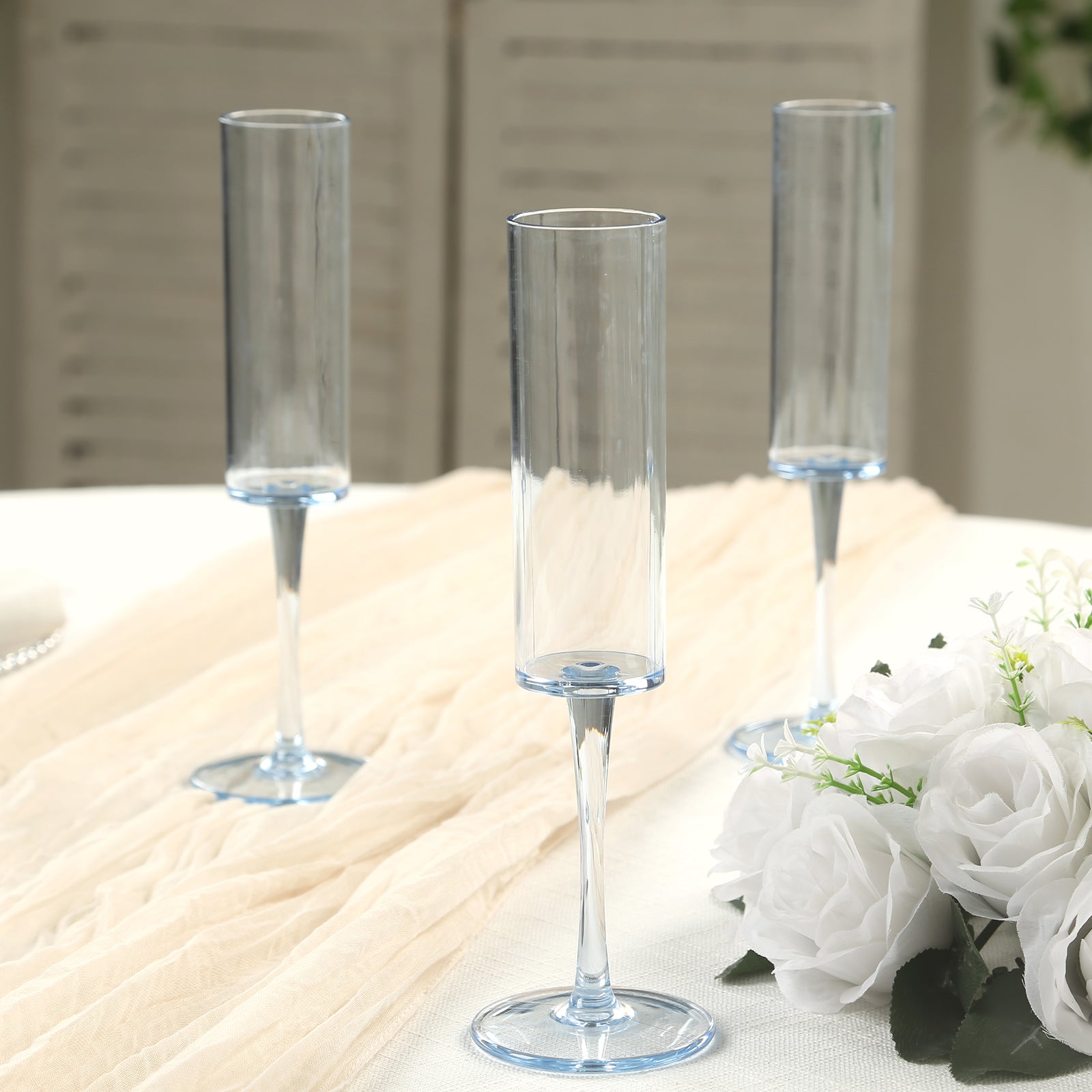 6-Pack Plastic Wine Mimosa Goblets Transparent Dusty Blue Cylindrical Shape - Reusable Champagne Flute Glasses 9.5 Tall 6oz