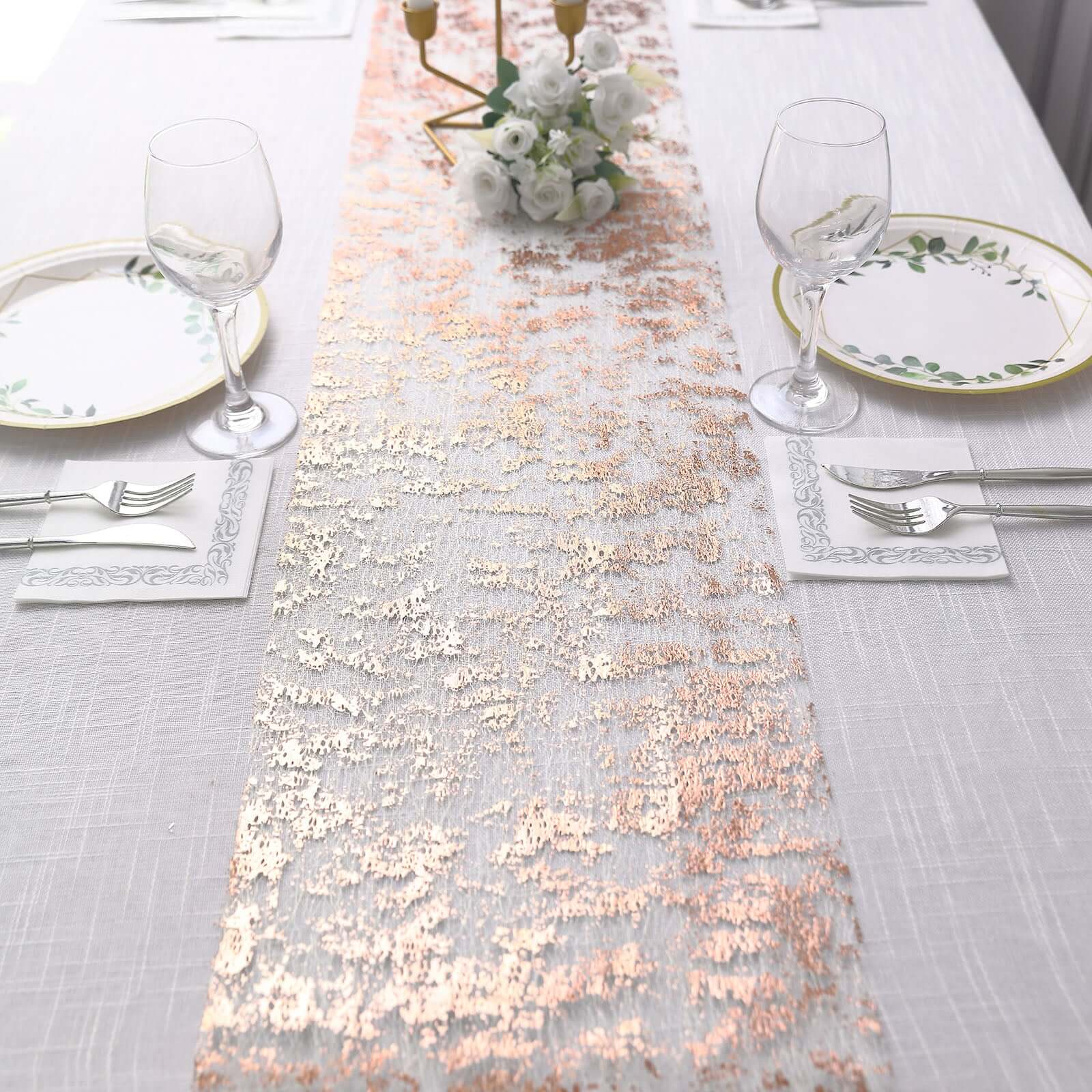 Mesh Polyester 108 Table Runner Roll Metallic Rose Gold - Distressed Foil Look Disposable Table Decor