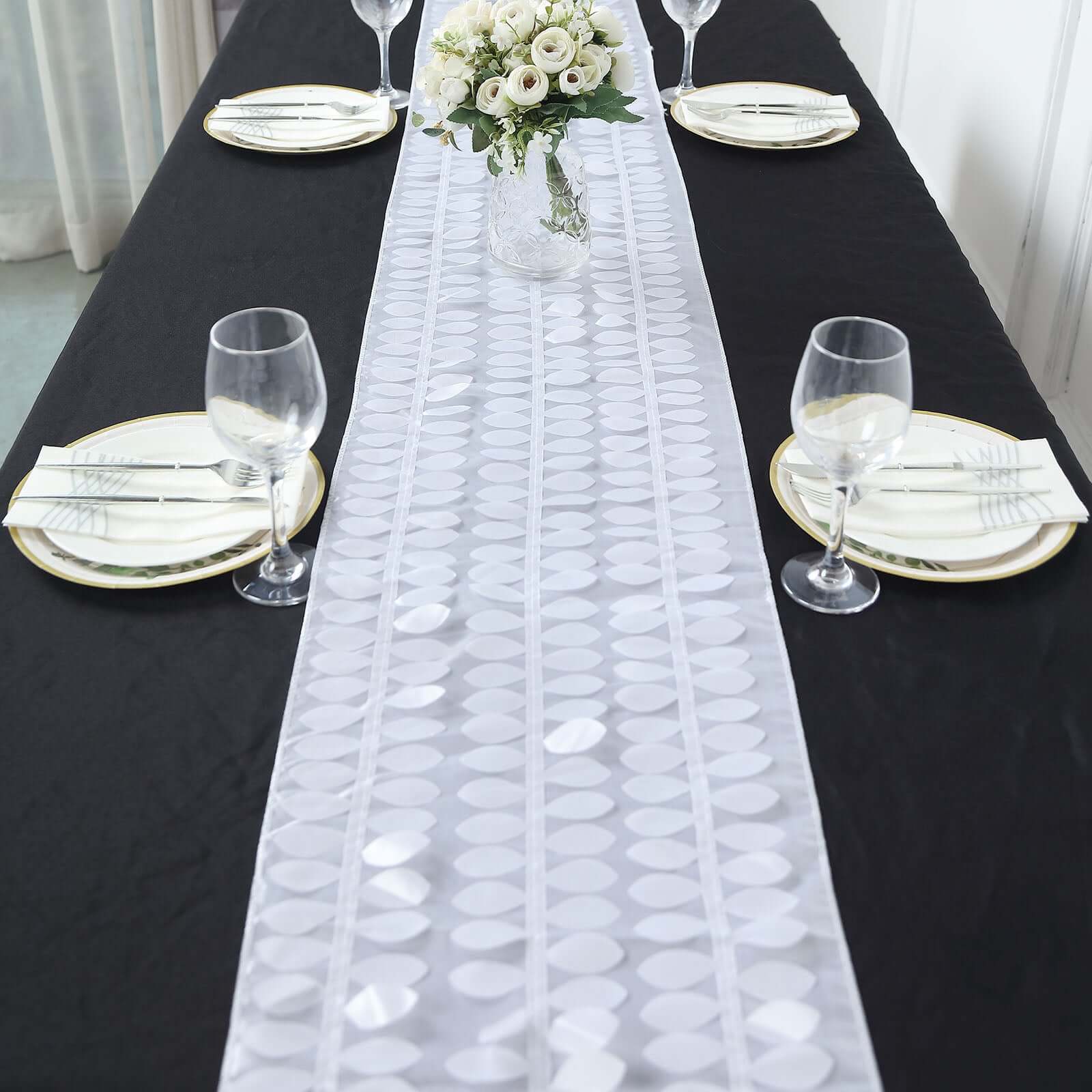 Taffeta Fabric 12x108 Table Runner White 3D Leaf Petal - Stylish Wedding Decor