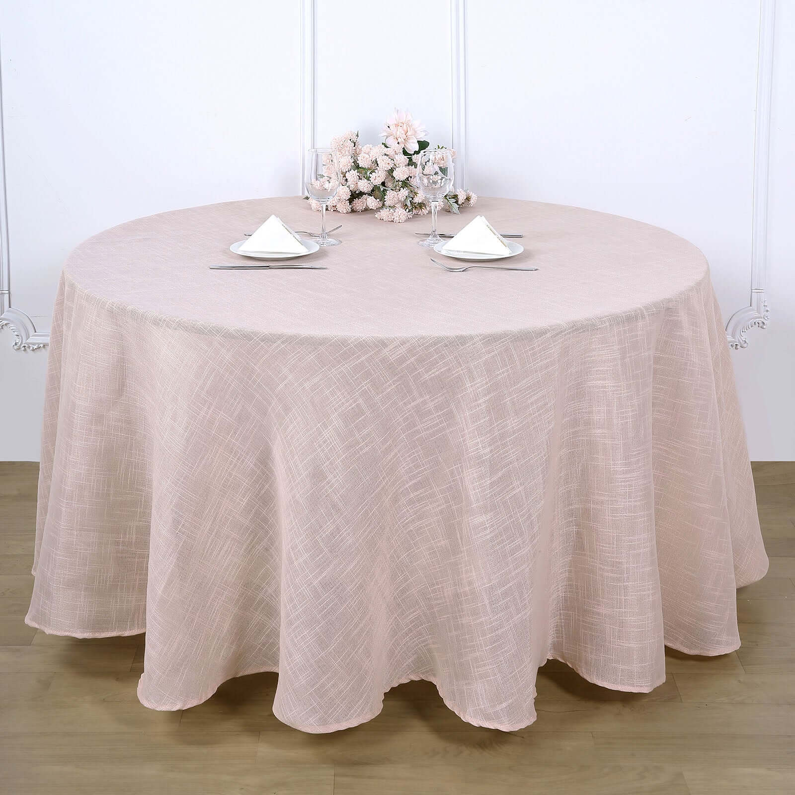 Faux Linen 120 Round Tablecloth Blush - Slubby Texture Wrinkle-Resistant Seamless Table Cover