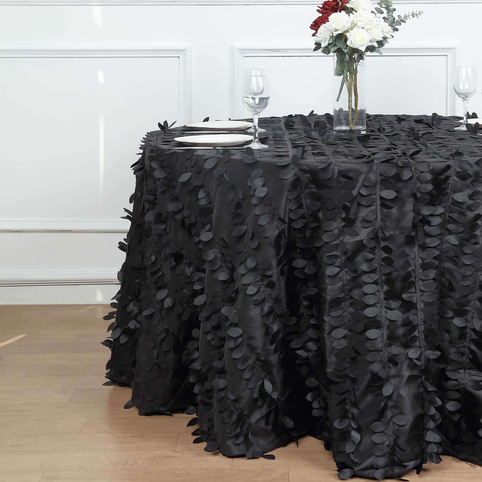 Taffeta 120 Round Tablecloth Black Leaf | 3D Leaf Petal Design Seamless Table Cover