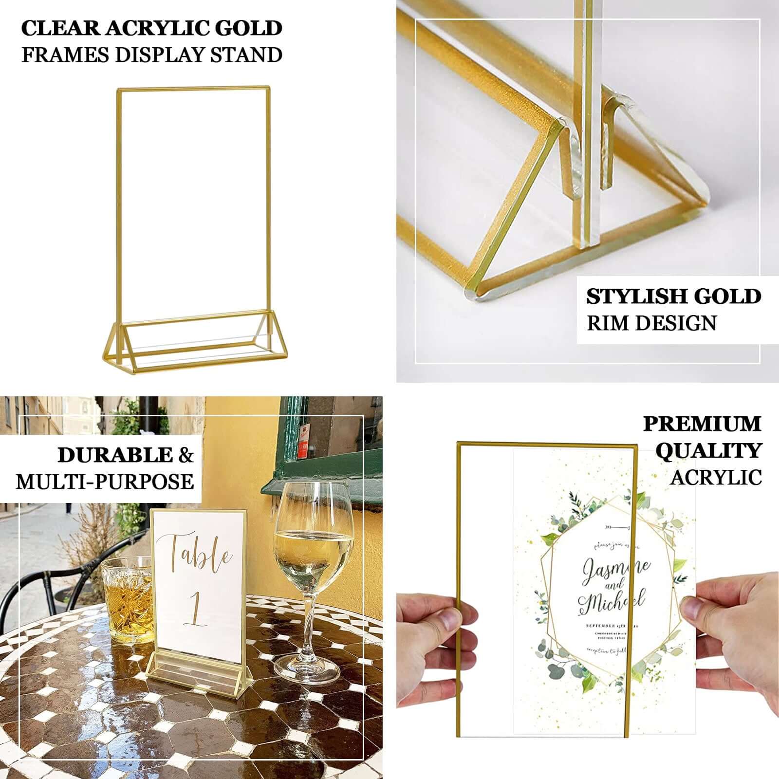 6-Pack Gold Frame Acrylic Table Sign Holders Double-Sided Display for Numbers and Menus - Perfect for Weddings 5x9