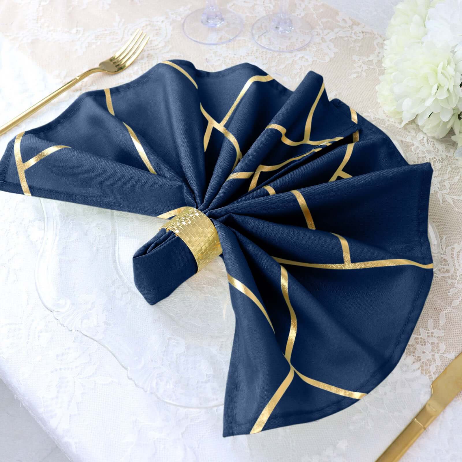 5 Pack Polyester 20x20 Napkins Navy Blue with Gold Geometric Foil Pattern - Modern Reusable Dinner Napkins