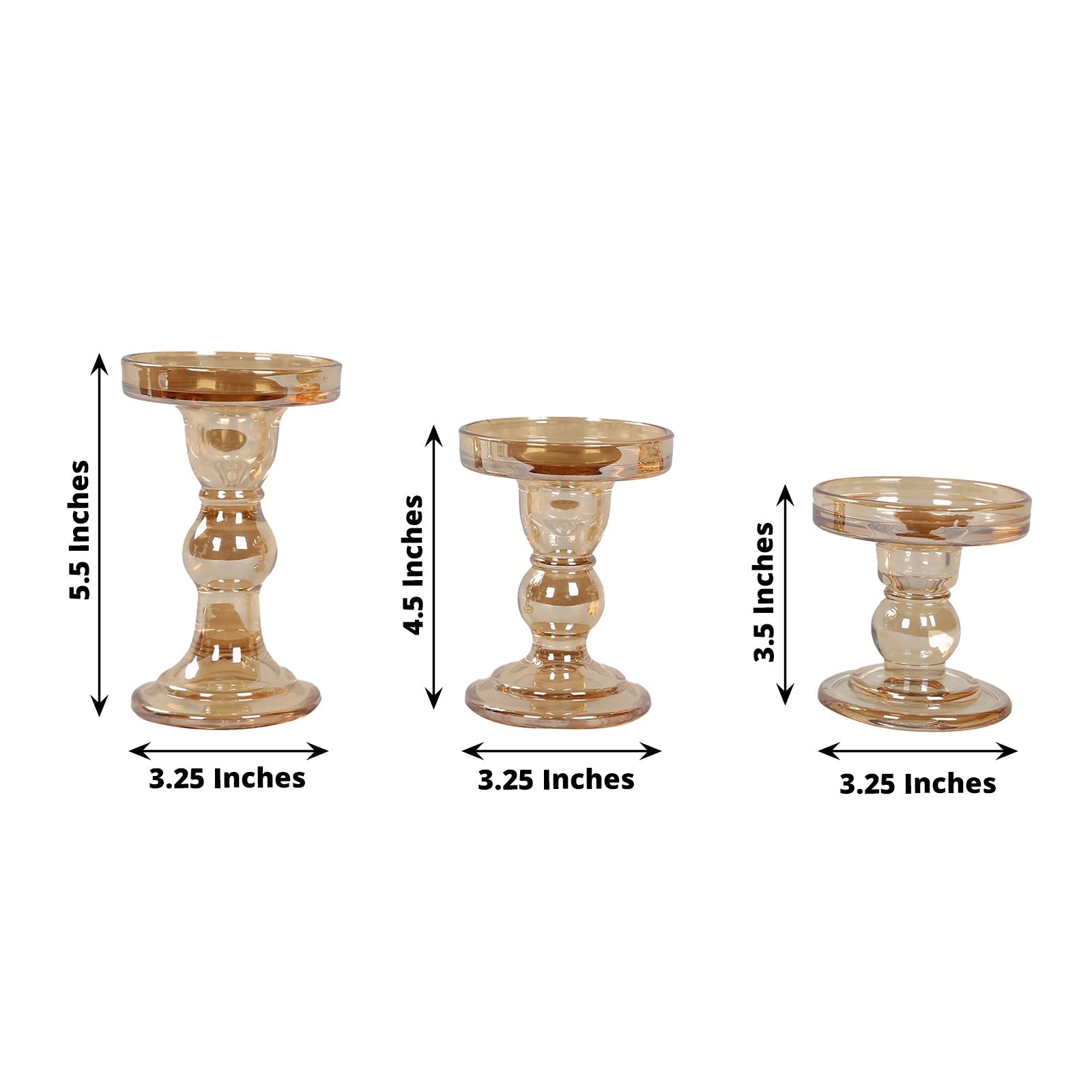 Set of 3 Glass Pillar Candle Holders Amber Gold with Round Tray - Crystal Ball Stem Taper Candlestick Tea Light Stands 3.5, 4.5, 5.5