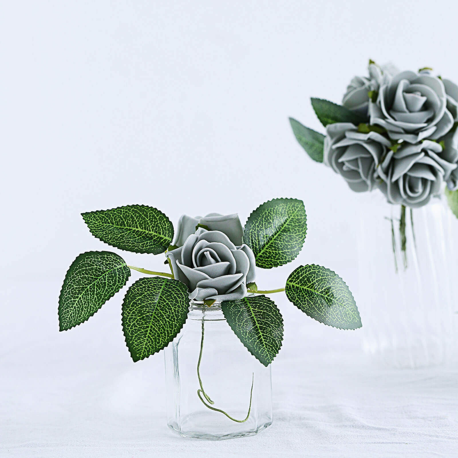 24 Roses 2 Silver Artificial Foam Flowers With Stem Wire and Leaves