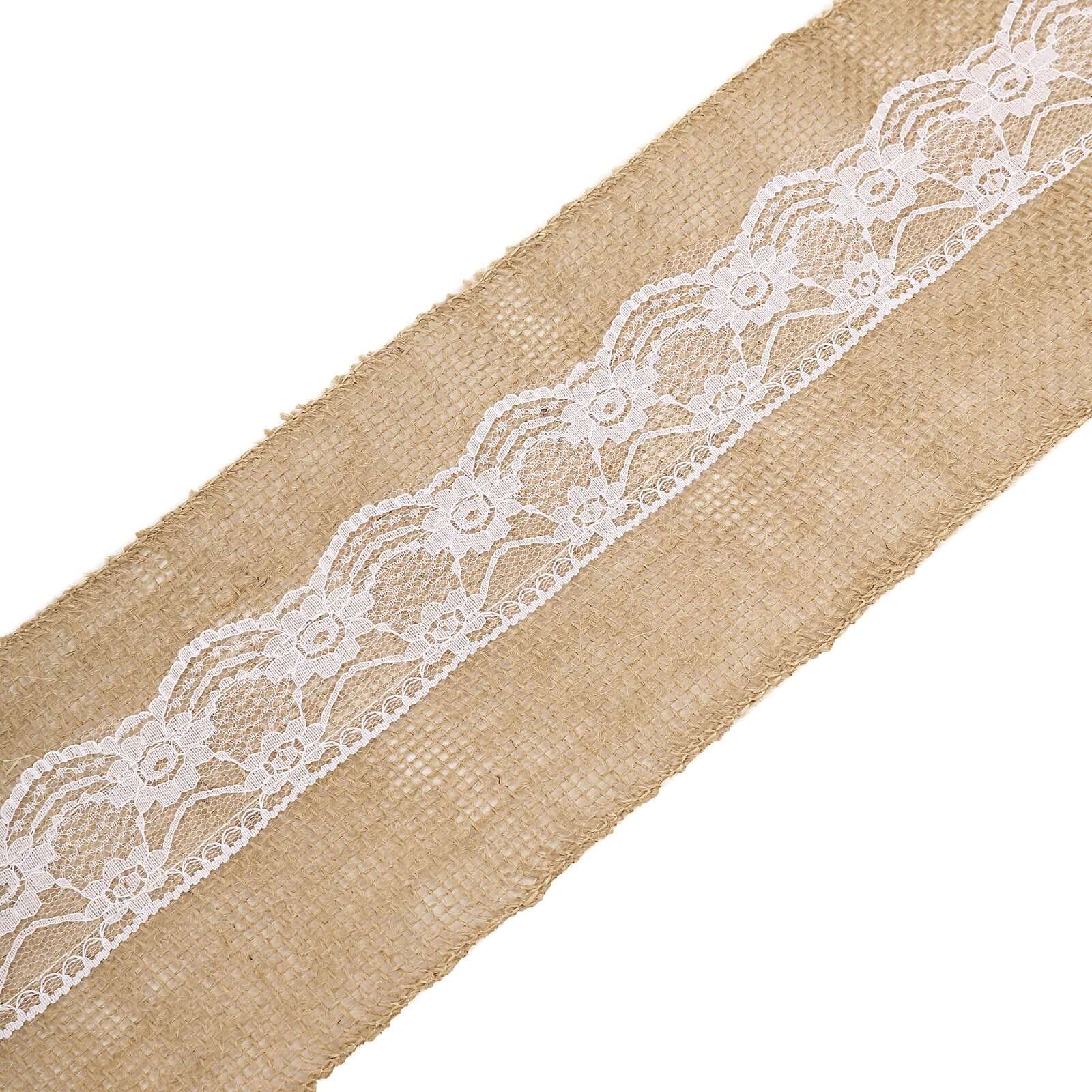 Natural Burlap Chair Sash 5x108 with Lace Hessian Jute - Rustic Bow Design for Weddings & Gatherings