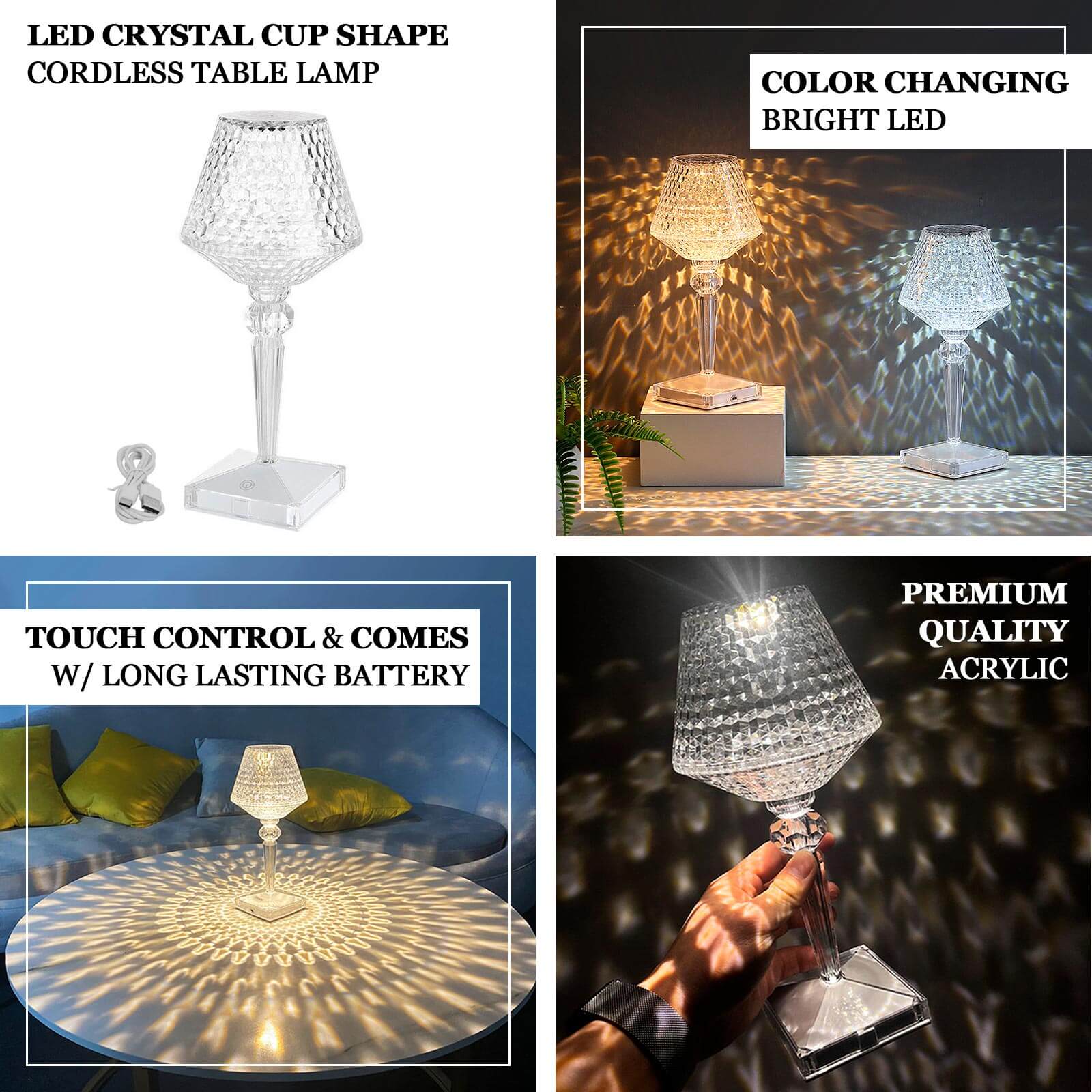 LED Acrylic Table Lamp Cup Shape Design Color Changing - Rechargeable Cordless Touch Control Accent Light 10