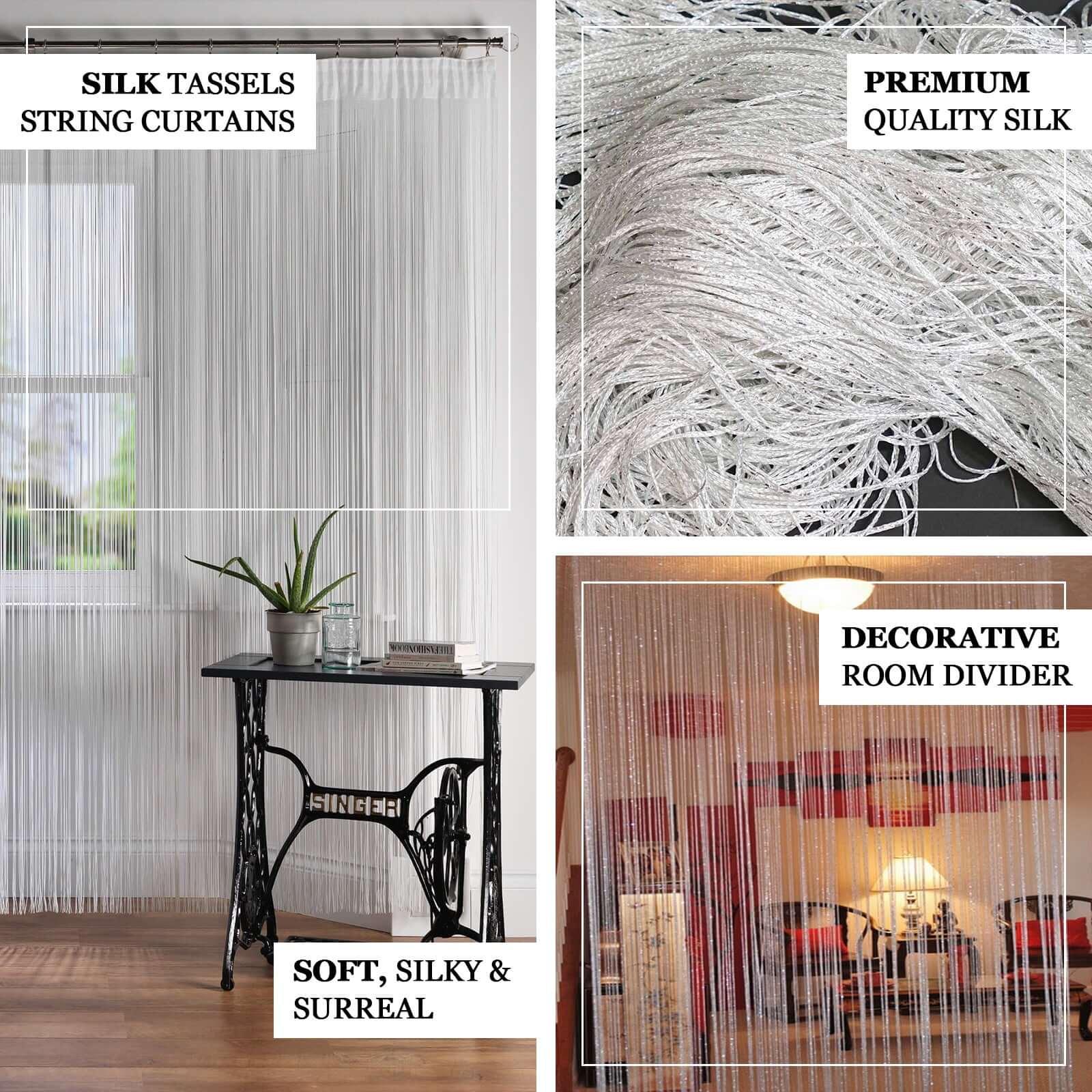 3ftx8ft White Silver Silk Tassel String Curtains, Decorative Room Divider Panels