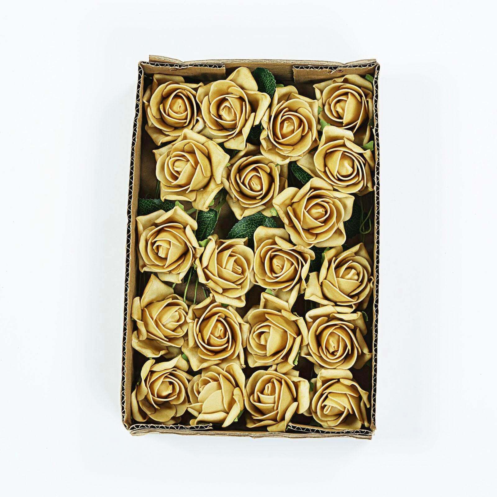 24 Roses 2 Gold Artificial Foam Flowers With Stem Wire and Leaves