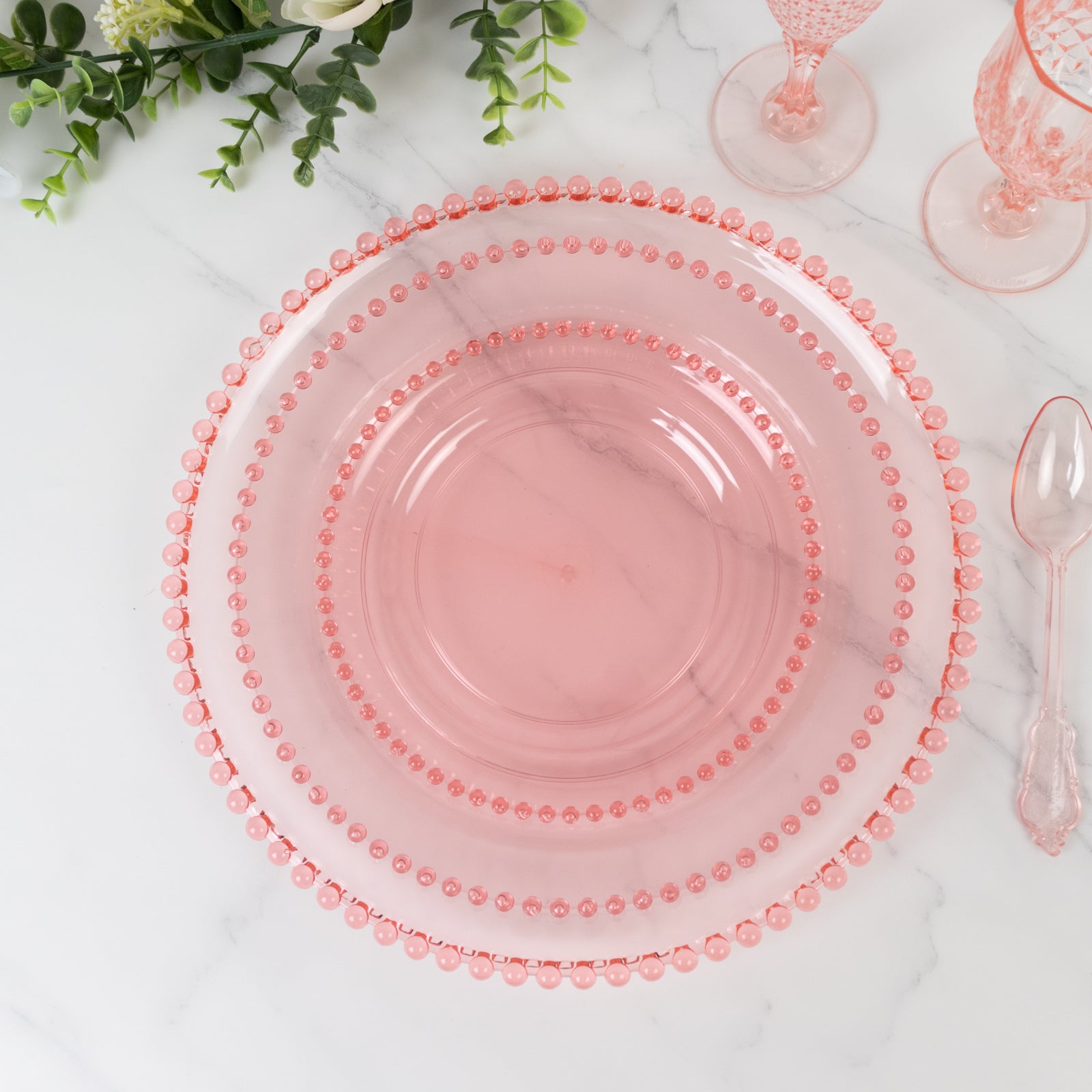 6-Pack Acrylic Round Charger Plates 13 in Transparent Blush with Beaded Rim, Decorative Dinner Party Serving Plates