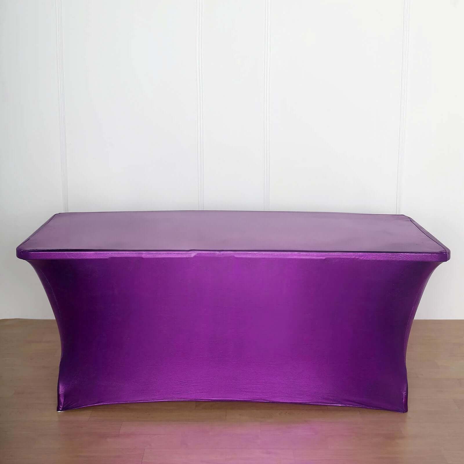 Metallic Purple Stretch Spandex Rectangle Tablecloth 6ft Wrinkle Free Fitted Table Cover for 72x30 Tables