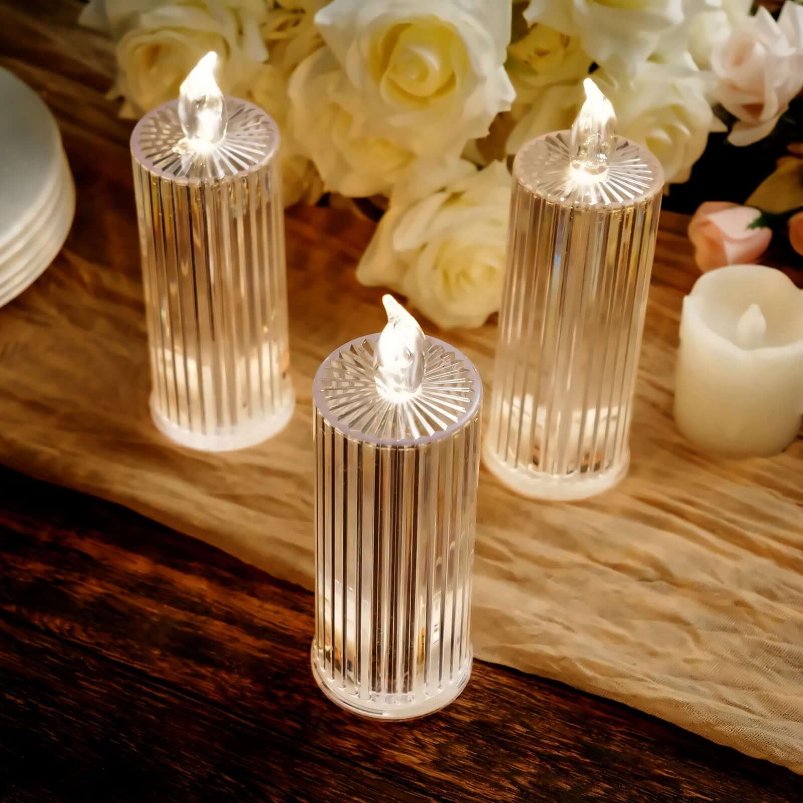 3-Pack LED Flameless Candle Lamps Diamond Acrylic Design Clear Warm White - Battery Operated Pillars 6