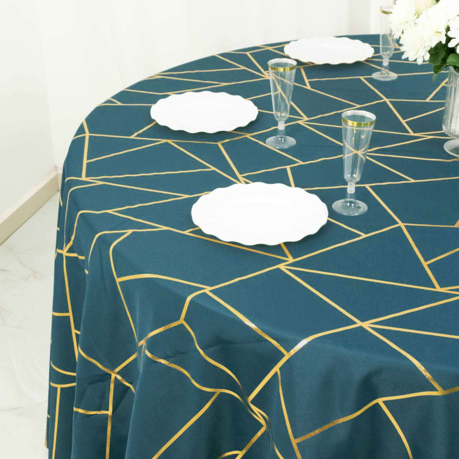 120 Peacock Teal Seamless Round Polyester Tablecloth With Gold Foil Geometric Pattern for 5 Foot Table With Floor-Length Drop