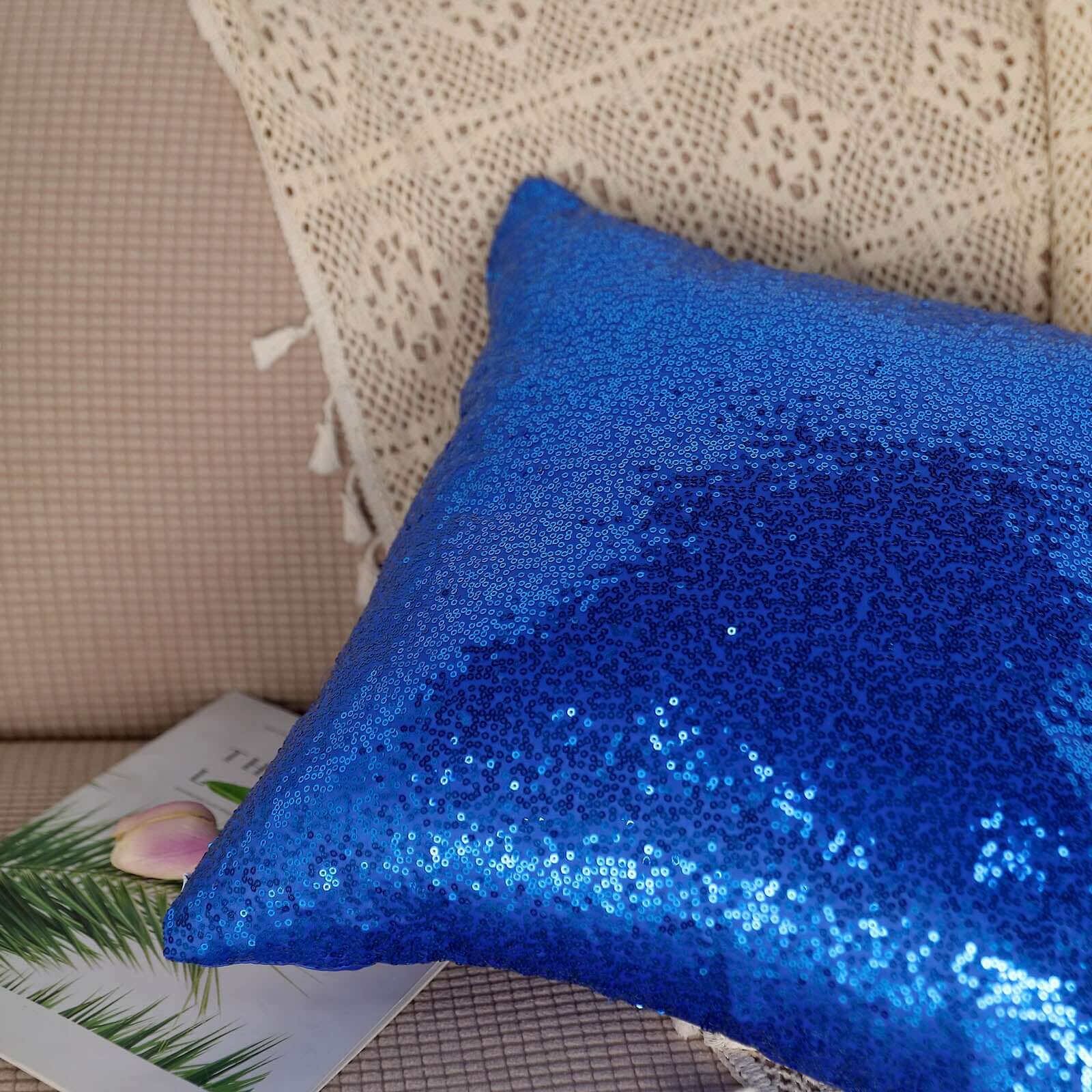 2 Pack 18x18 Sequin Throw Pillow Cover, Decorative Cushion Case - Square Royal Blue Sequin