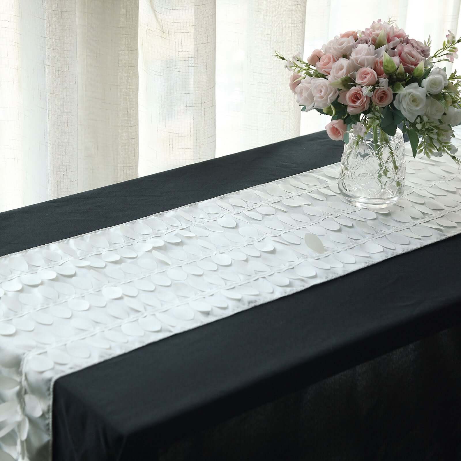 Taffeta Fabric 12x108 Table Runner Ivory - 3D Leaf Petal Design