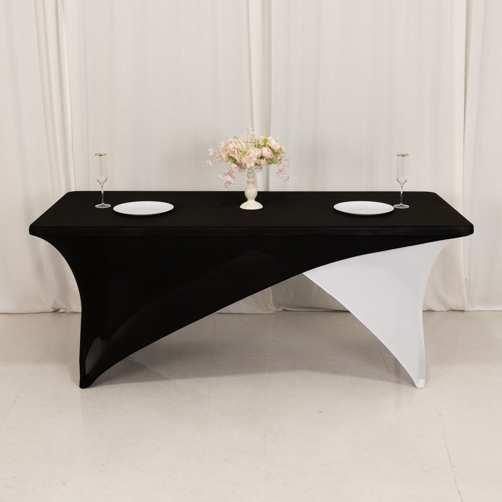 Stretch Spandex 72x30 Rectangle Table Cover Black/White Cross Over Design - Versatile & Sleek Two-Piece Fitted Tablecloth with Elastic Foot Pockets