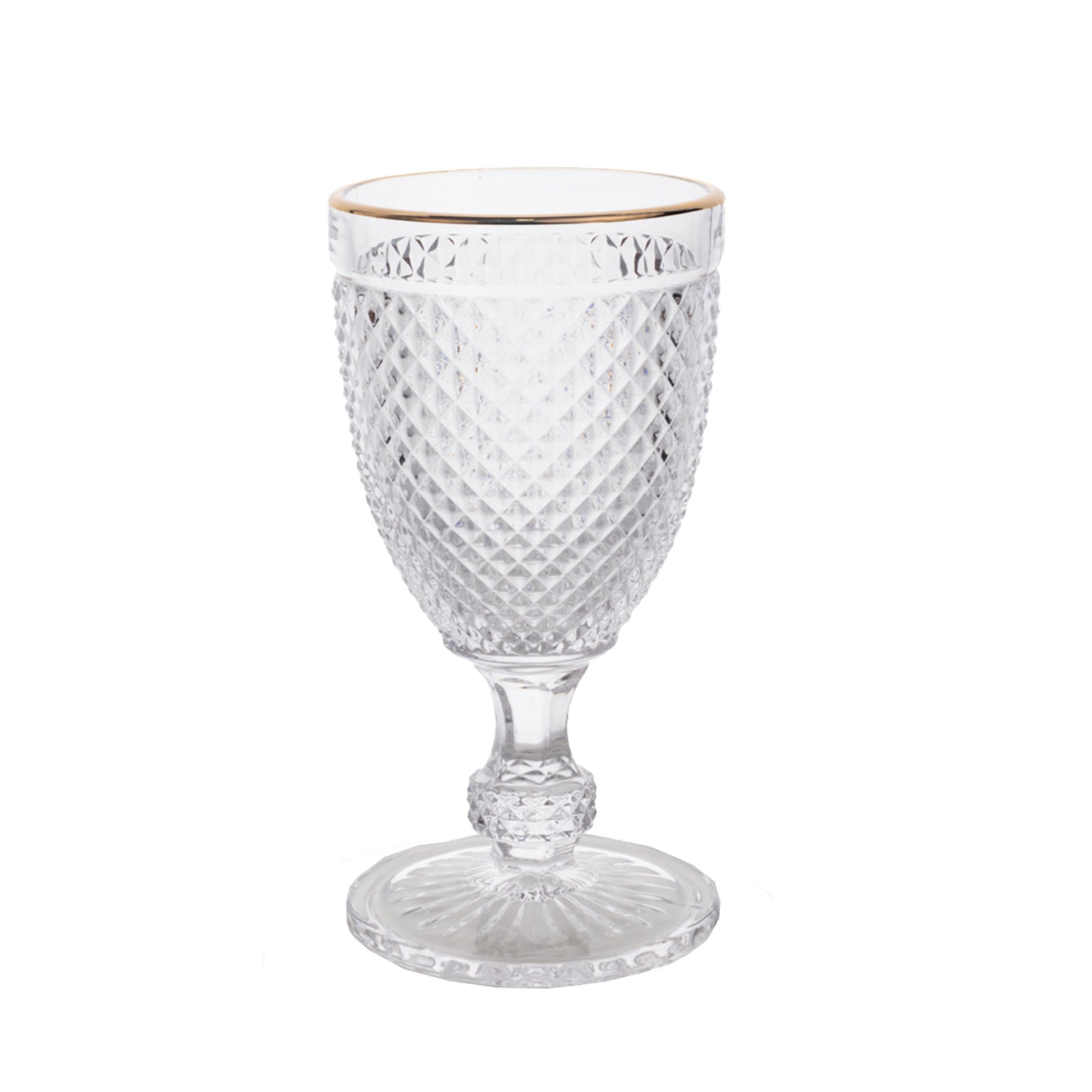 6-Pack Vintage Wine Glasses with Gold Rim and Embossed Diamond Pattern Clear - Crystal 8oz Short Stem Goblets for Cocktails 6