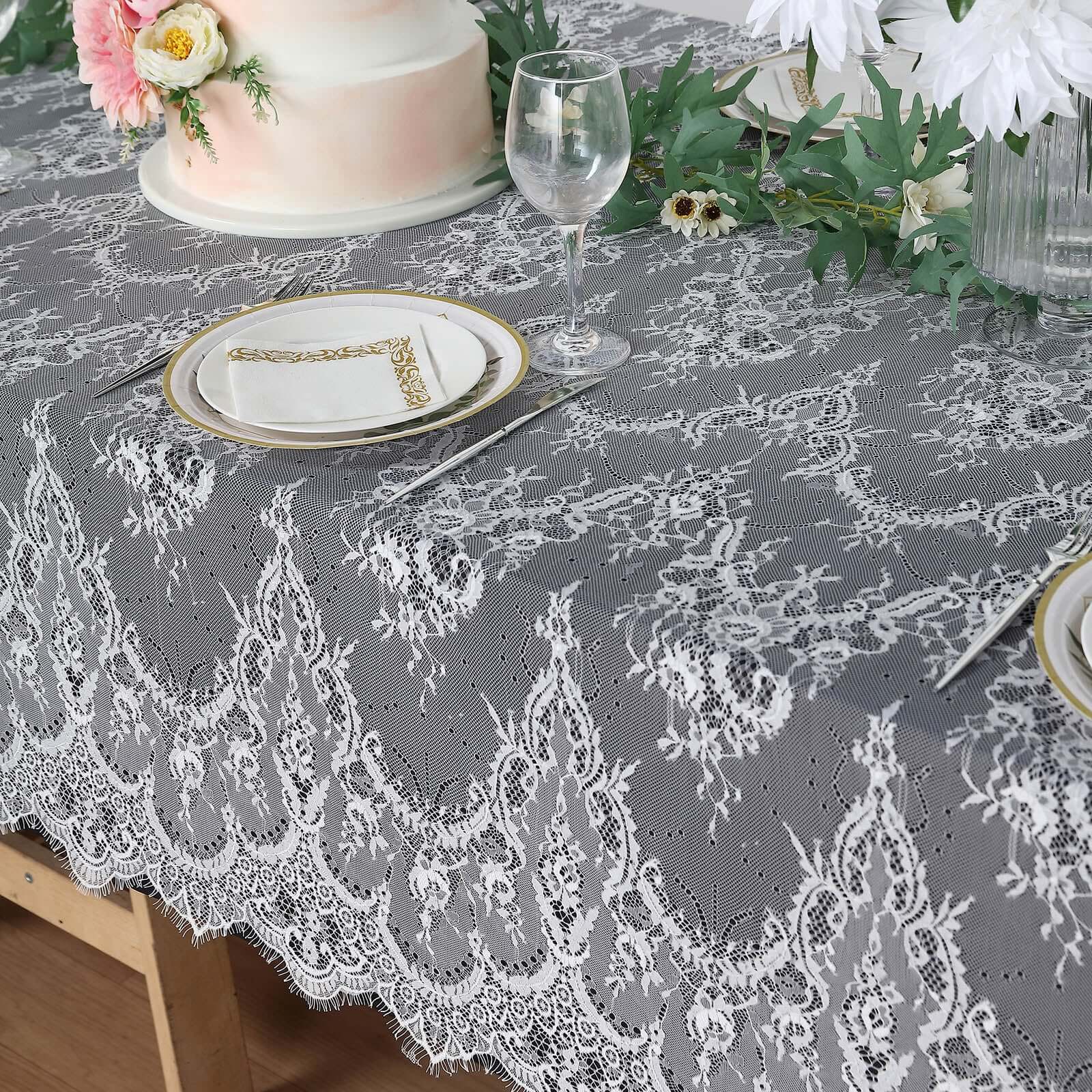 Lace 60x120 Rectangle Tablecloth White - Vintage Lace Design with Scalloped Frill Edges for Refined Occasions