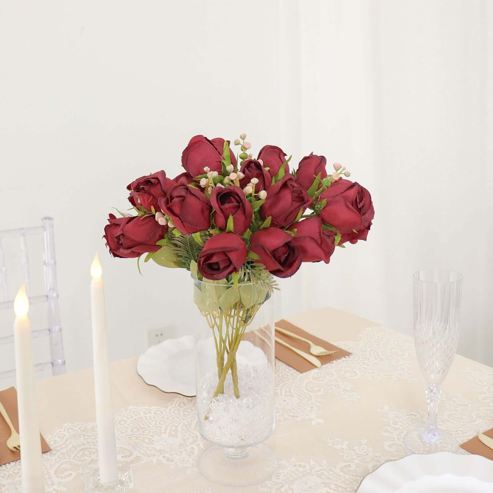 3 Pack 13 Burgundy Real Touch Silk Rose Bud Flower Bridal Bouquets, Artificial Floral Bush Arrangements