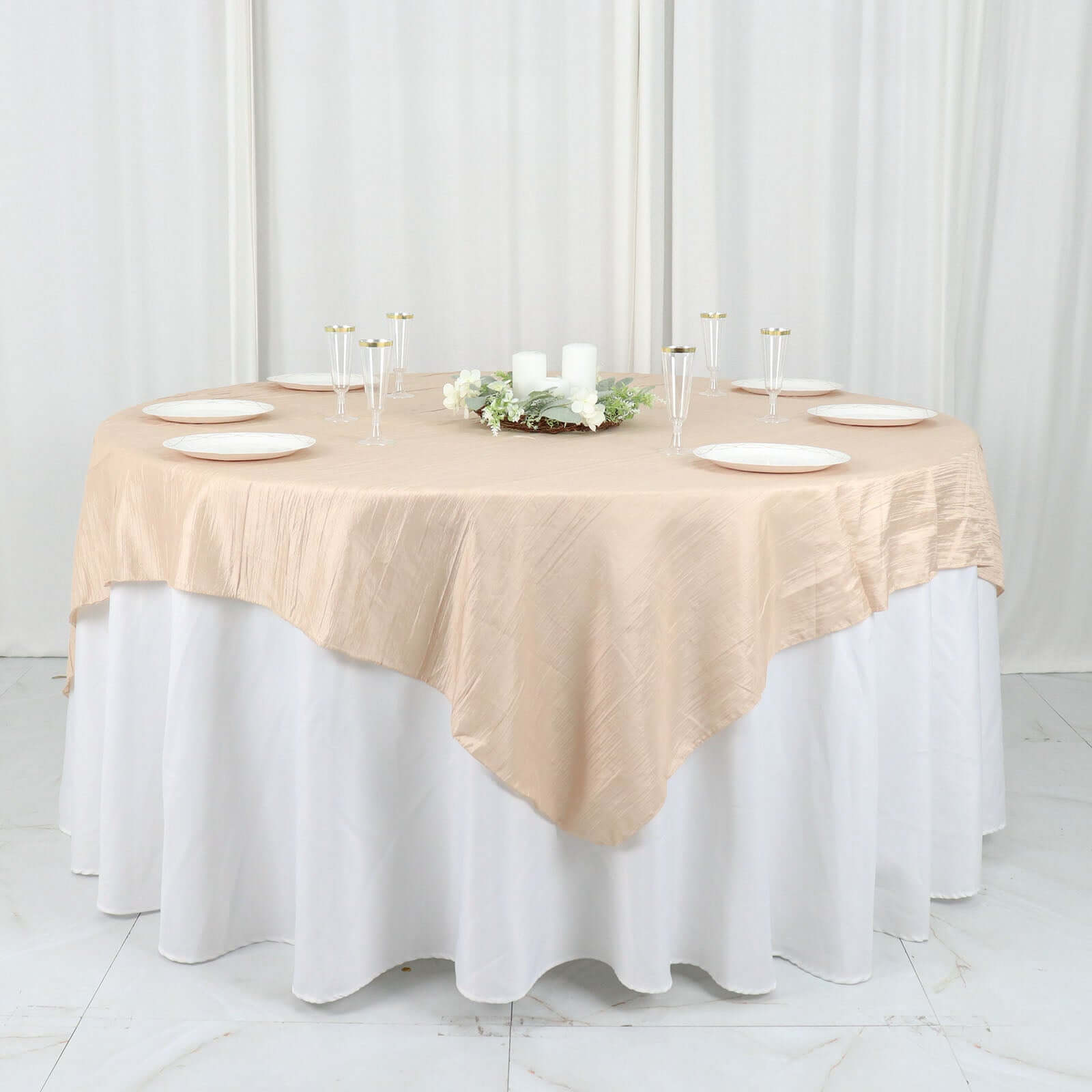 Taffeta 72x72 Table Overlay Square Tablecloth Beige - Accordion Crinkle Table Cover