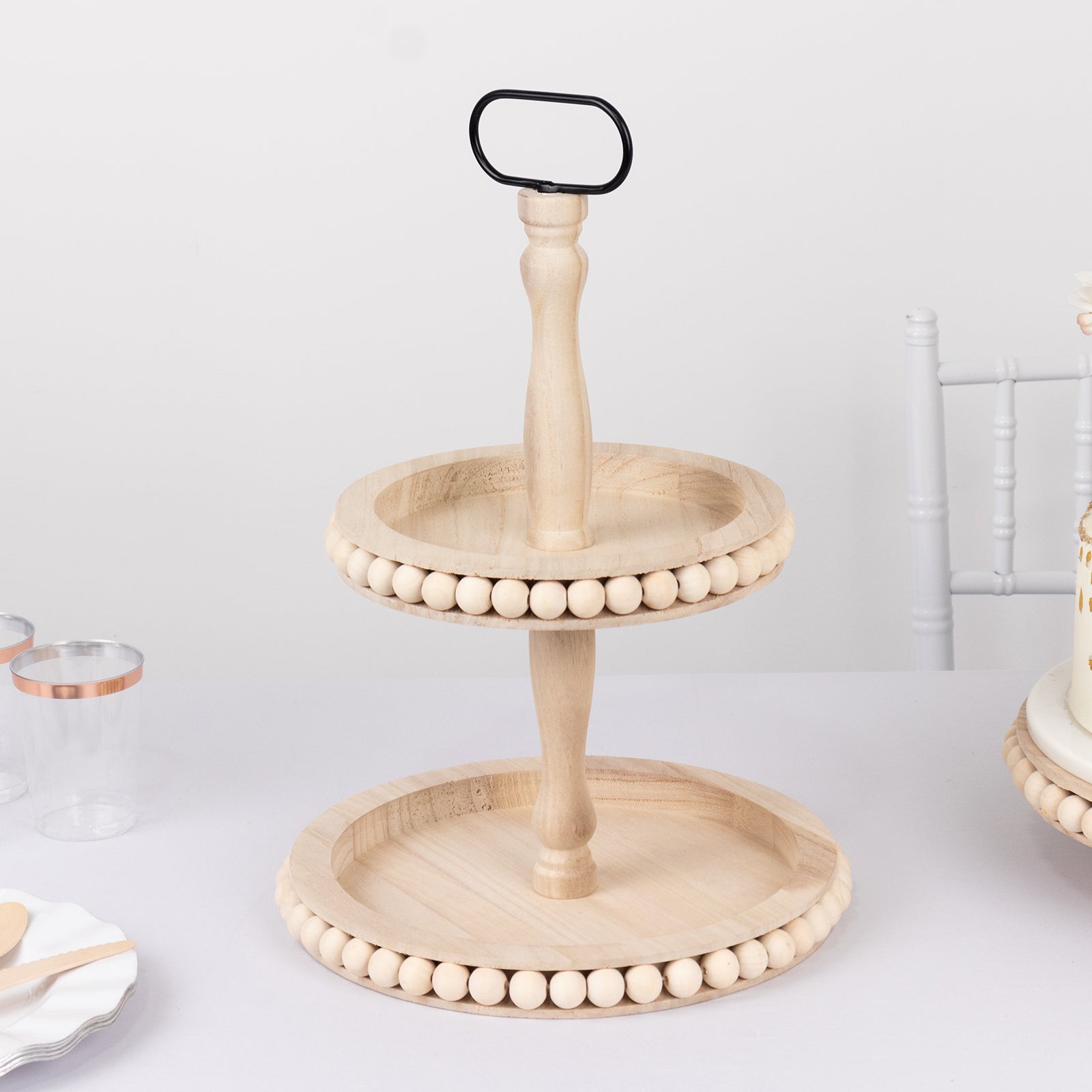 2-Tier Wooden Serving Tray Stand Beaded Design with Metal Handle Natural - Round Rustic Farmhouse Cupcake Display 17