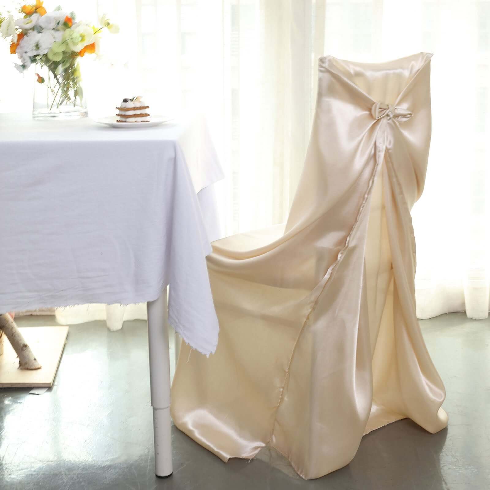 Satin Chair Cover Self-Tie Universal Design Beige - Durable Slip-On Cover for Folding, Dining, Banquet & Standard Chairs