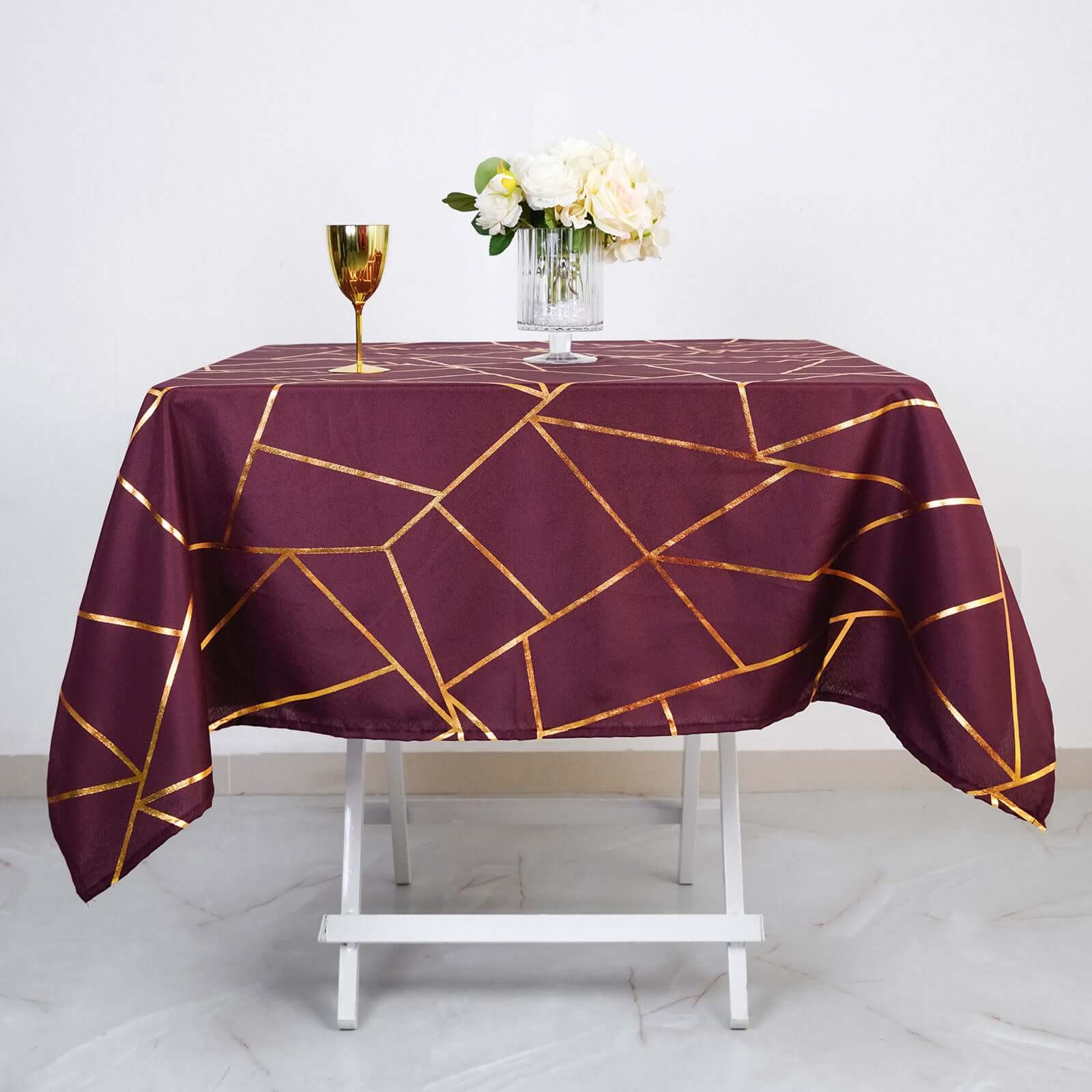 Polyester 54x54 Square Tablecloth Burgundy with Gold Foil Geometric Pattern - Wrinkle-Resistant & Durable Table Cover