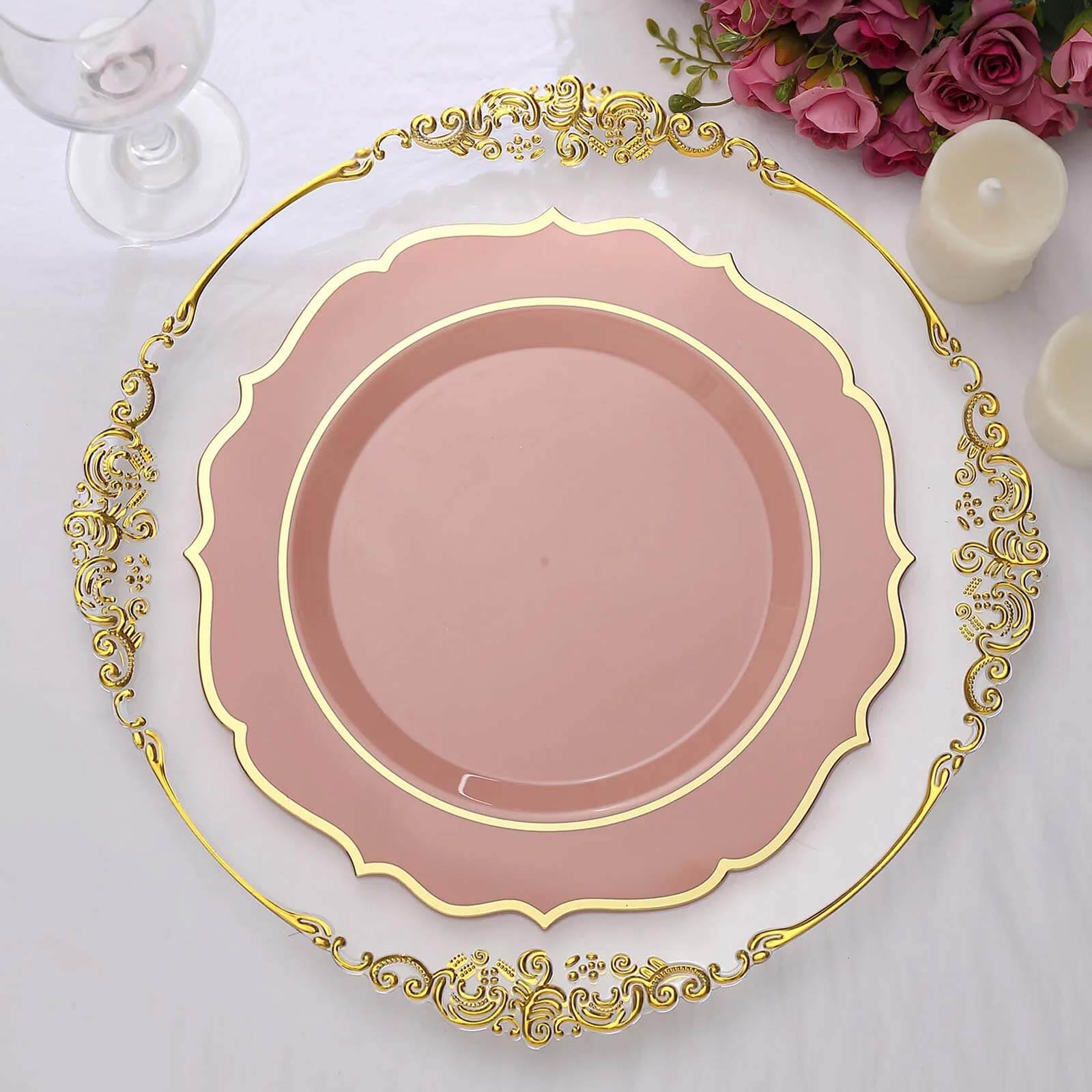 10-Pack Plastic 10 Round Dinner Plates in Dusty Rose with Gold Scalloped Rim - Disposable Party Plates