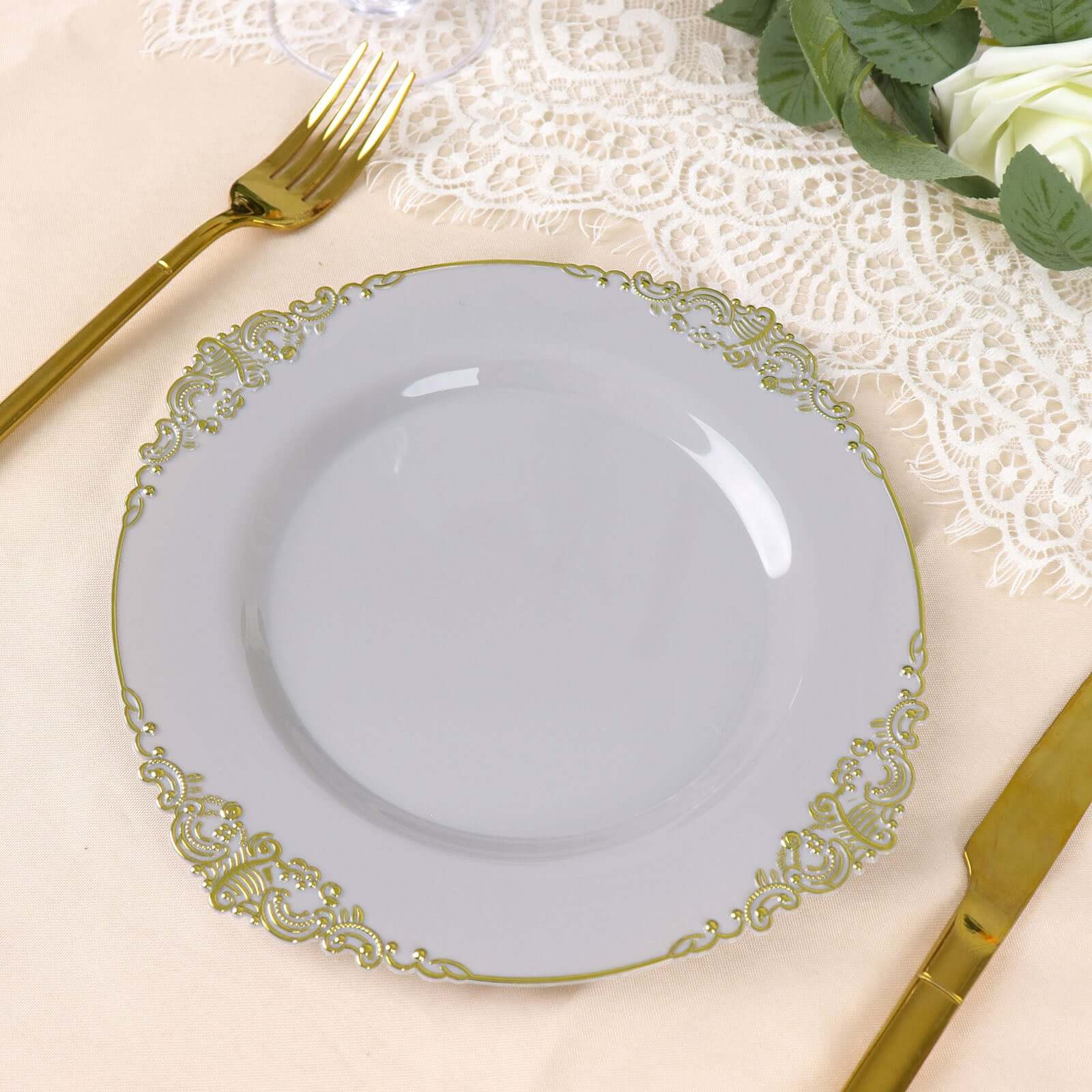 10-Pack Plastic 8 Round Dessert Plates in Gray with Gold Leaf Embossed Rim - Disposable Vintage Baroque Style Salad Plates