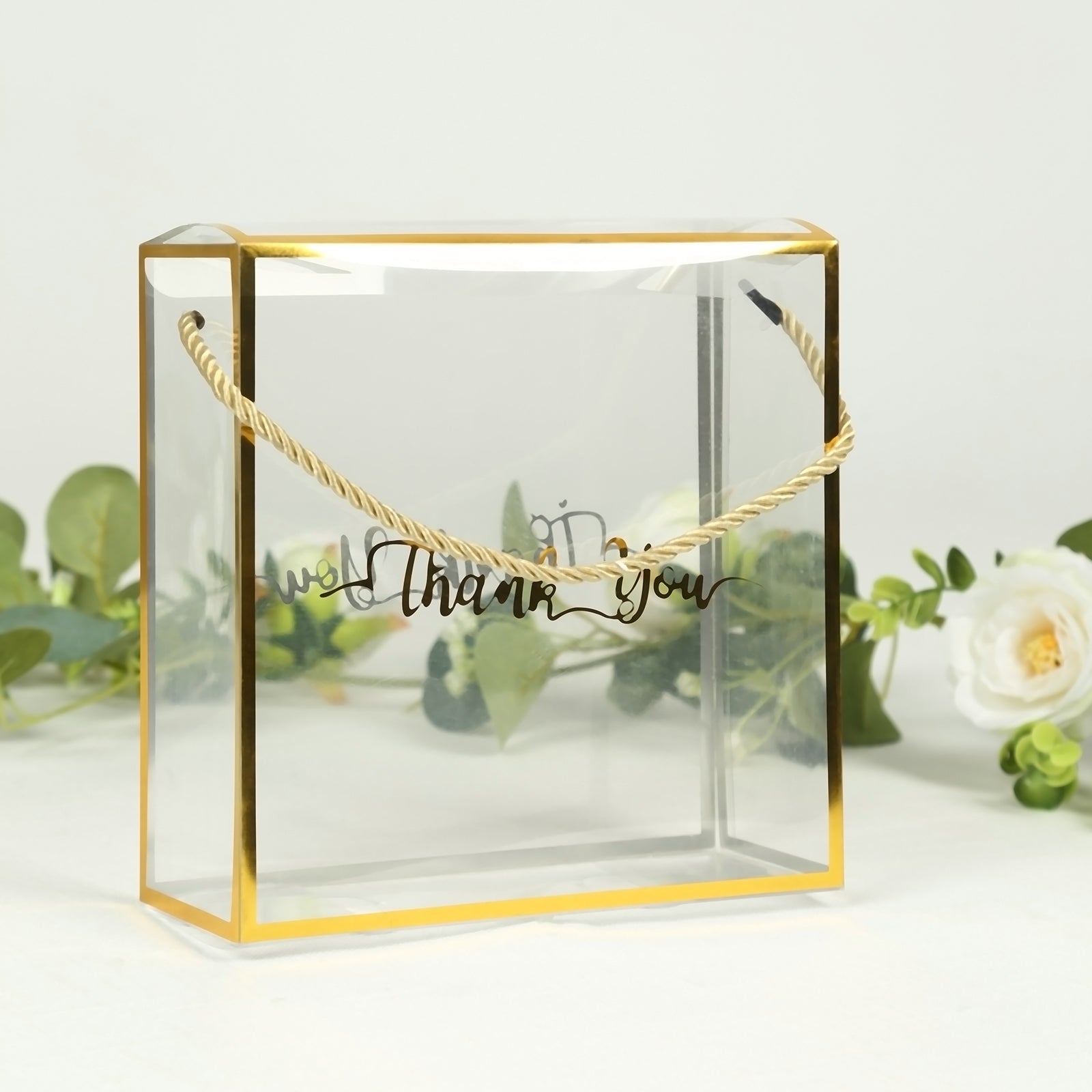 25 Pack Gold Trimmed Clear PVC Gift Boxes with Rope Handles and Thank You Print, Square Transparent Portable Candy Favor Boxes - 8x8